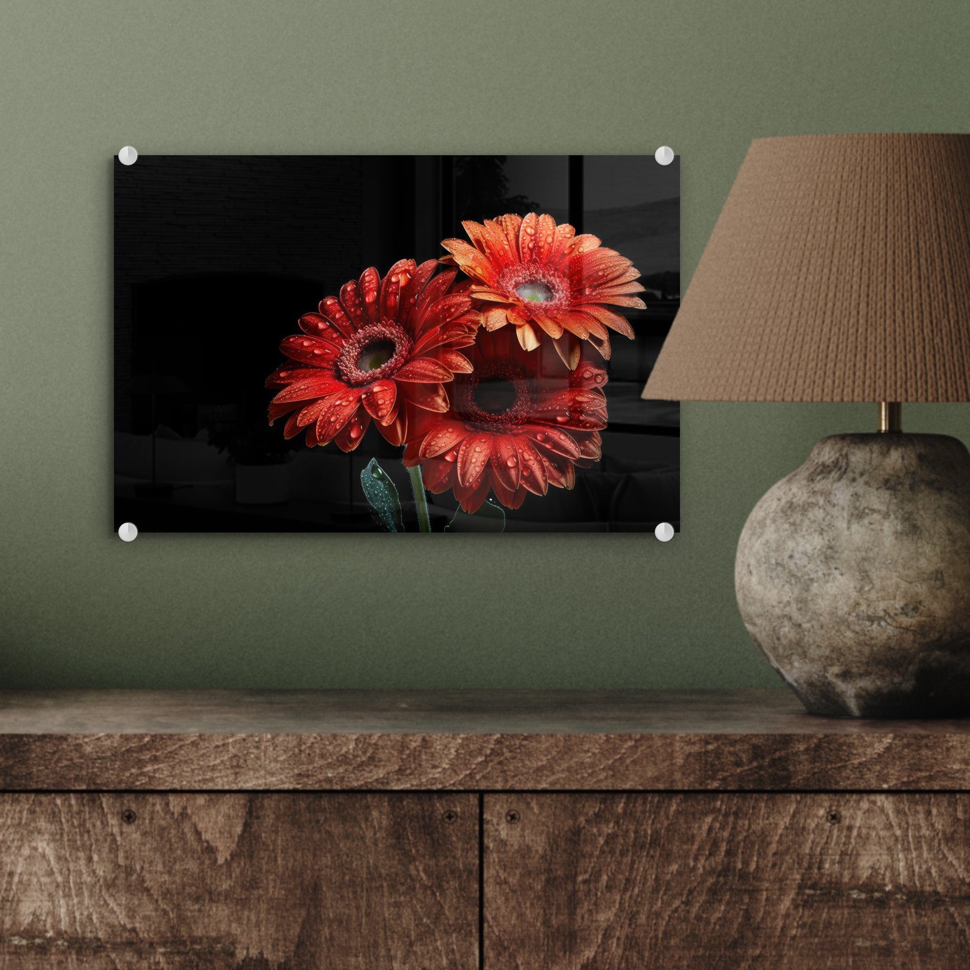 Gerbera - Wanddekoration Bilder Wandbild - Acrylglasbild Natur, MuchoWow Glas Rot (1 auf - auf Foto St), - - Blumen - Botanisch - Glas Glasbilder