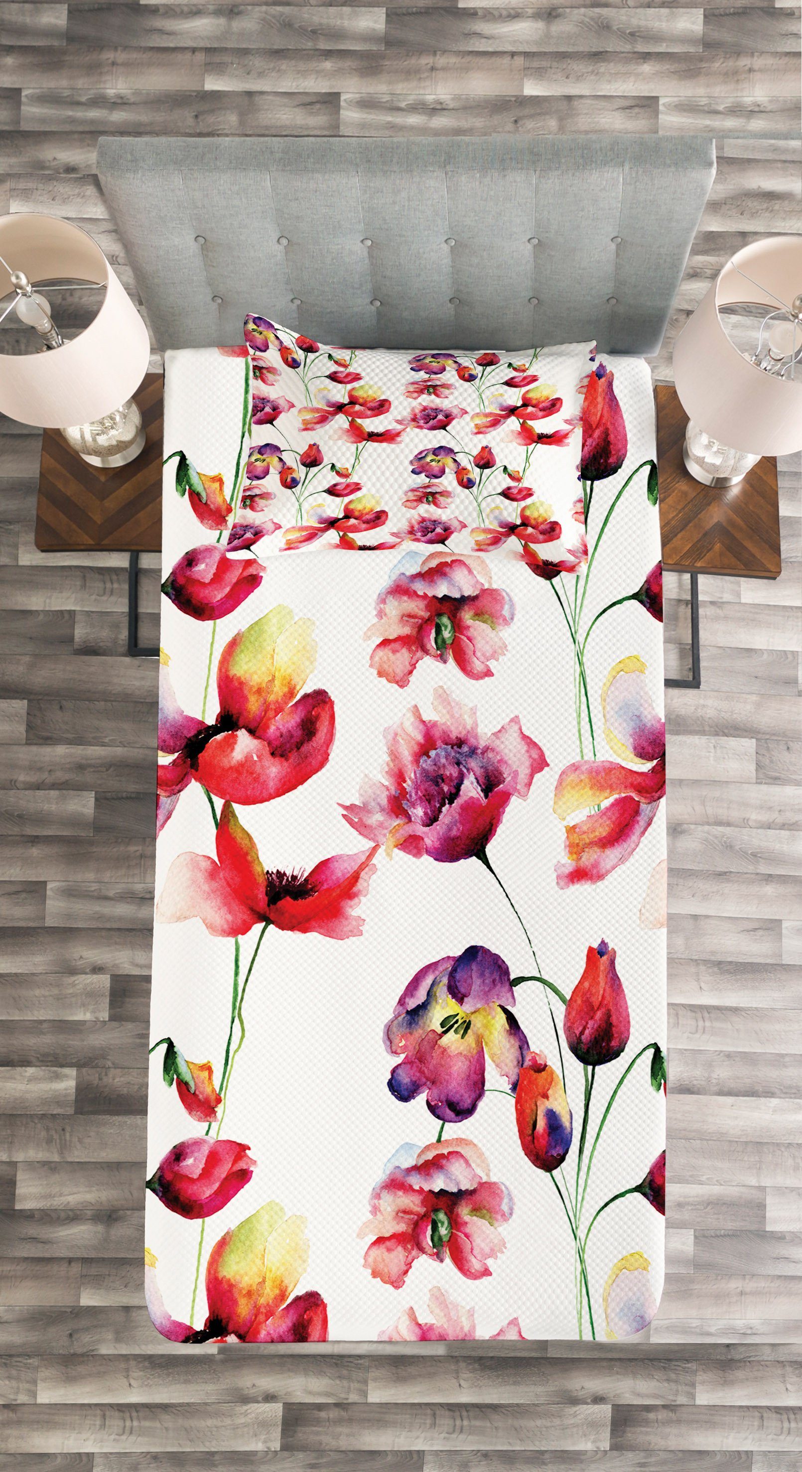 Waschbar, Blooming Poppy Blumen Tagesdecke mit Tulip Abakuhaus, Kissenbezügen Set