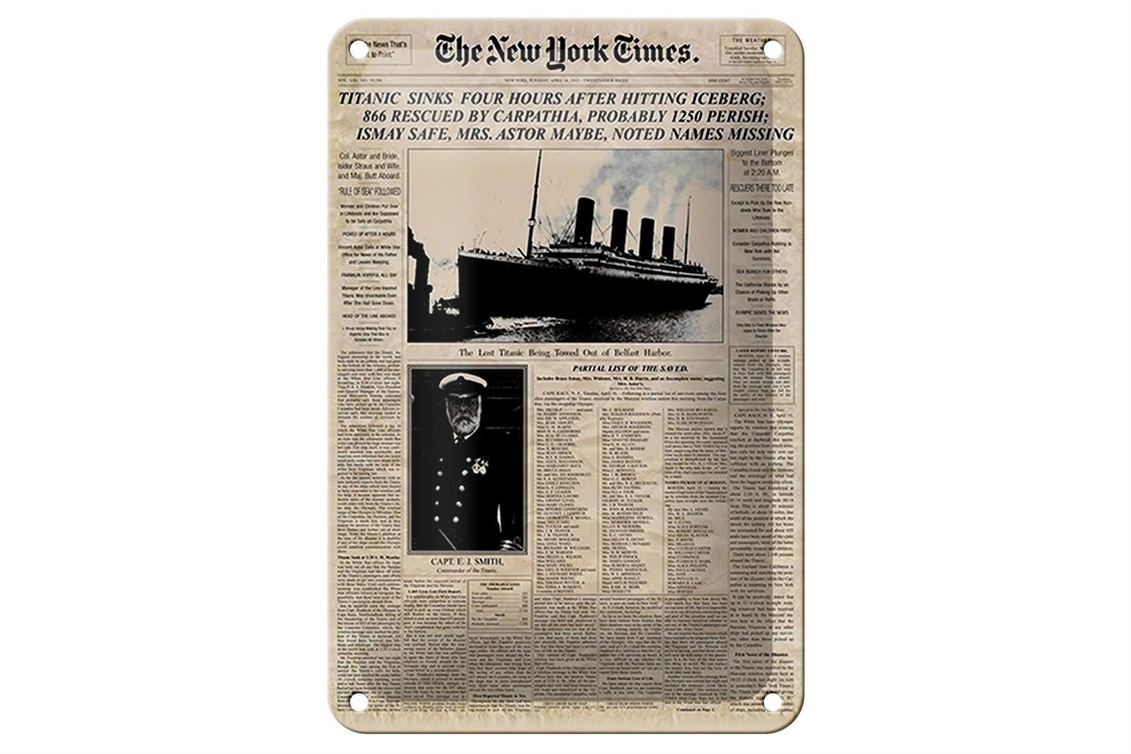 Metallschild Zeitung 12x18cm New York Times Titanic sinks