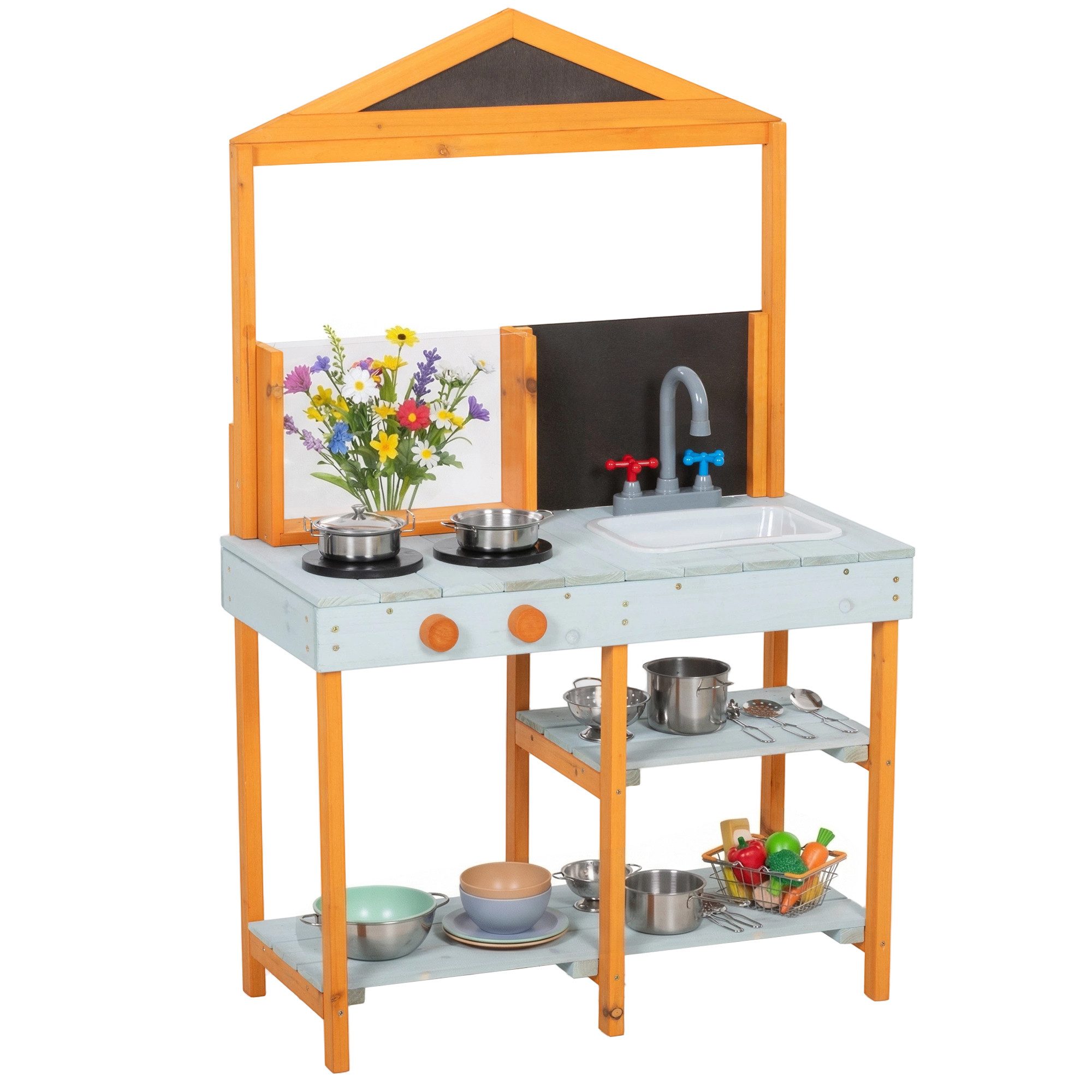 AIYAPLAY Outdoor-Spielküche Matschküche Kinder Holz mit Herd Abnehmbarer Spüle Regalen Tannenholz, Edelstahl, für Kinder von 3-8 Jahren, Hellblau
