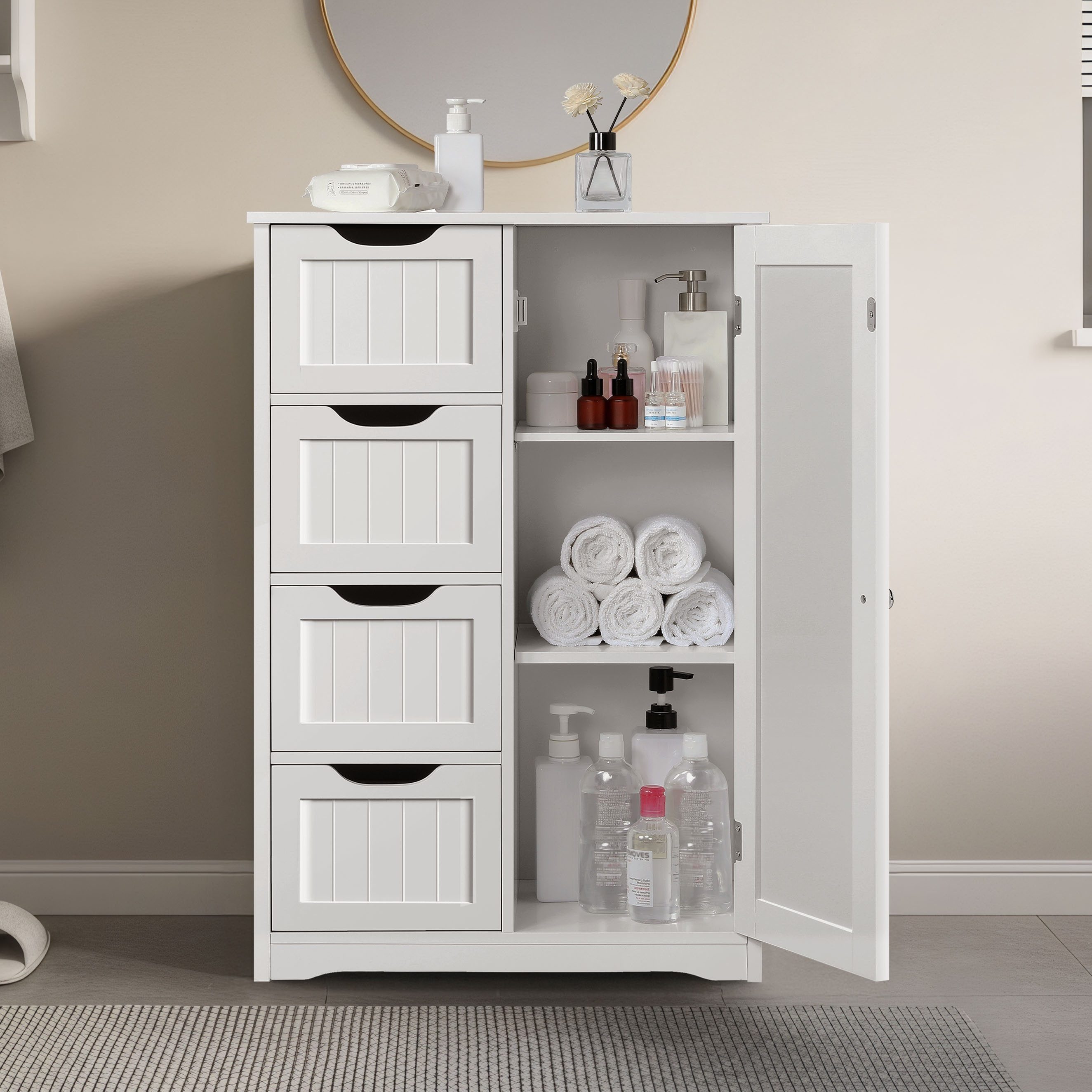 Yaheetech Badkommode Badezimmerschrank, Sideboard mit 4 Schubladen & 3 Fächern, Einlegeboden höhenverstellbar