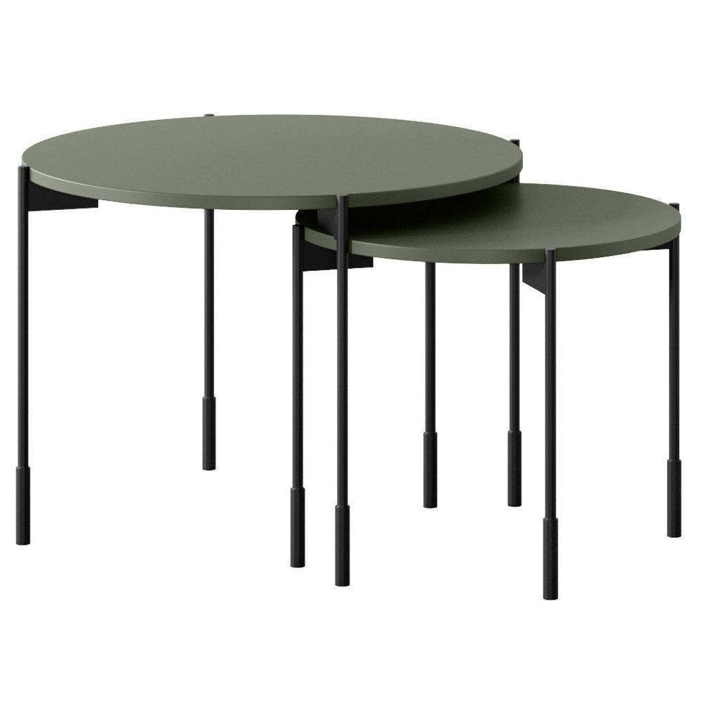 Lomadox Beistelltisch SPLIT-141, oliv grün matt 2er Set rund Tischbeine Metall schwarz