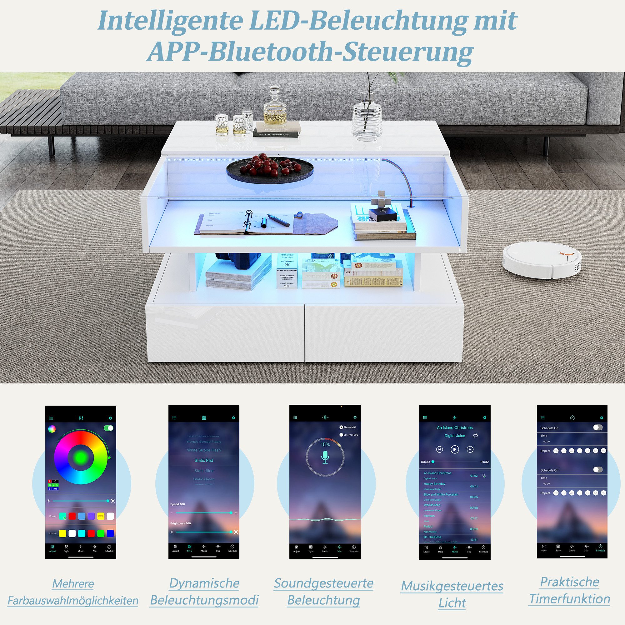 Merax Couchtisch höhenverstellbar Sofatisch Hochglanz Beistelltisch mit LED-Beleuchtung (80 x 80 x 45 cm, 1-St., Tischplatte aus gehärtetem Glas und Spanplatte), Wohnzimmertisch mit 2 Schubladen, verstecktem Stauraum und Ablagefach