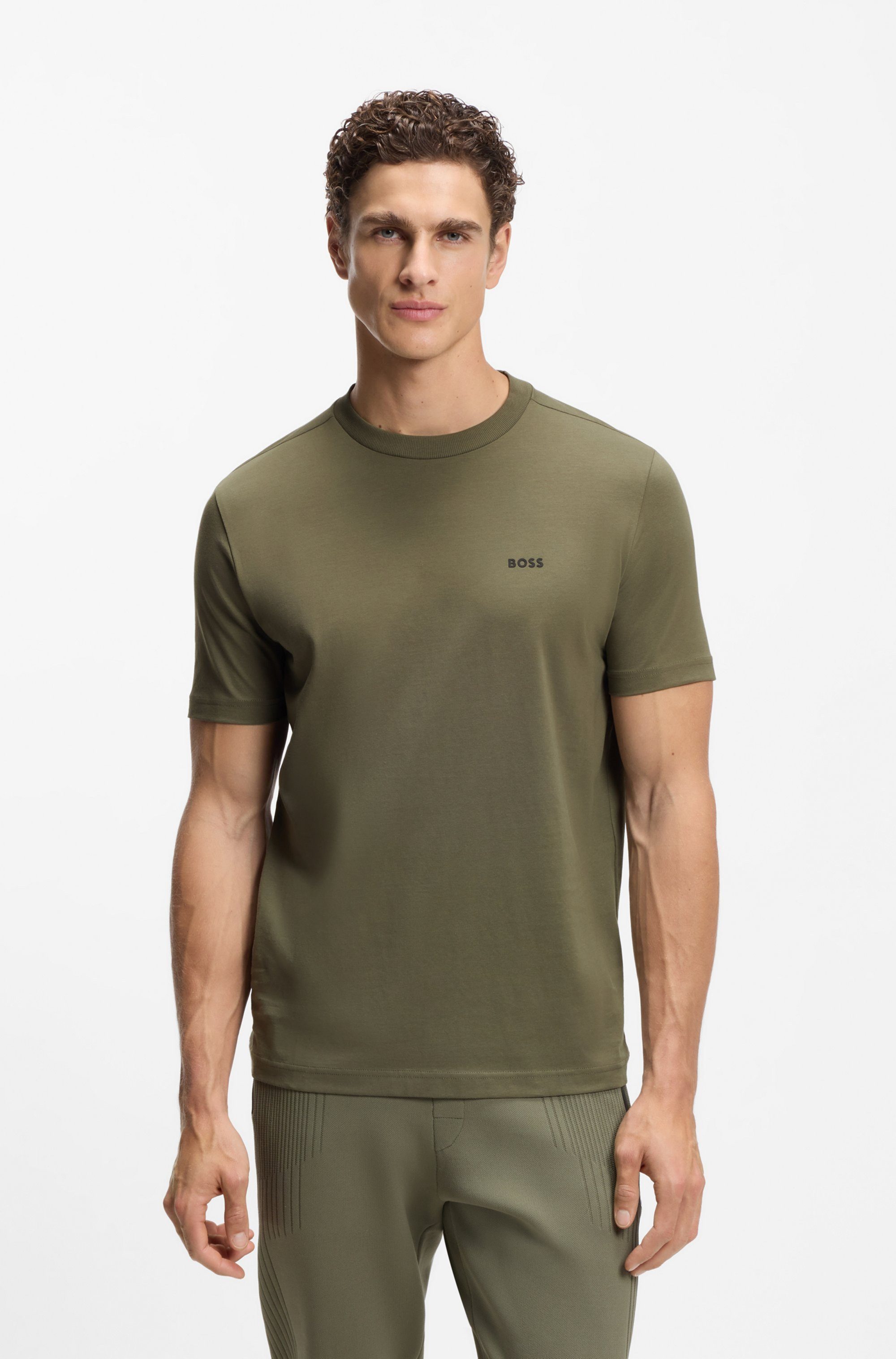 BOSS GREEN Rundhalsshirt Tee Regular Fit Stretch Jersey Cotton, Logo on Chest, Rundhals