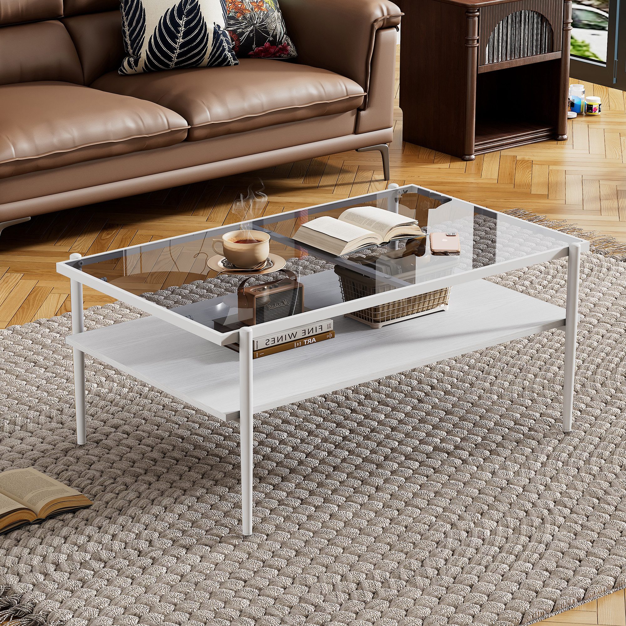 STILVORA Couchtisch aus gehärtetem Glas rechteckiger Sofatisch mit Metallbeine grau&weiß (moderner Wohnzimmertisch, klares, modernes Design, Gestell aus hochwertiger mitteldichter Faserplatte), leicht zu reinigen, für den täglichen Gebrauch