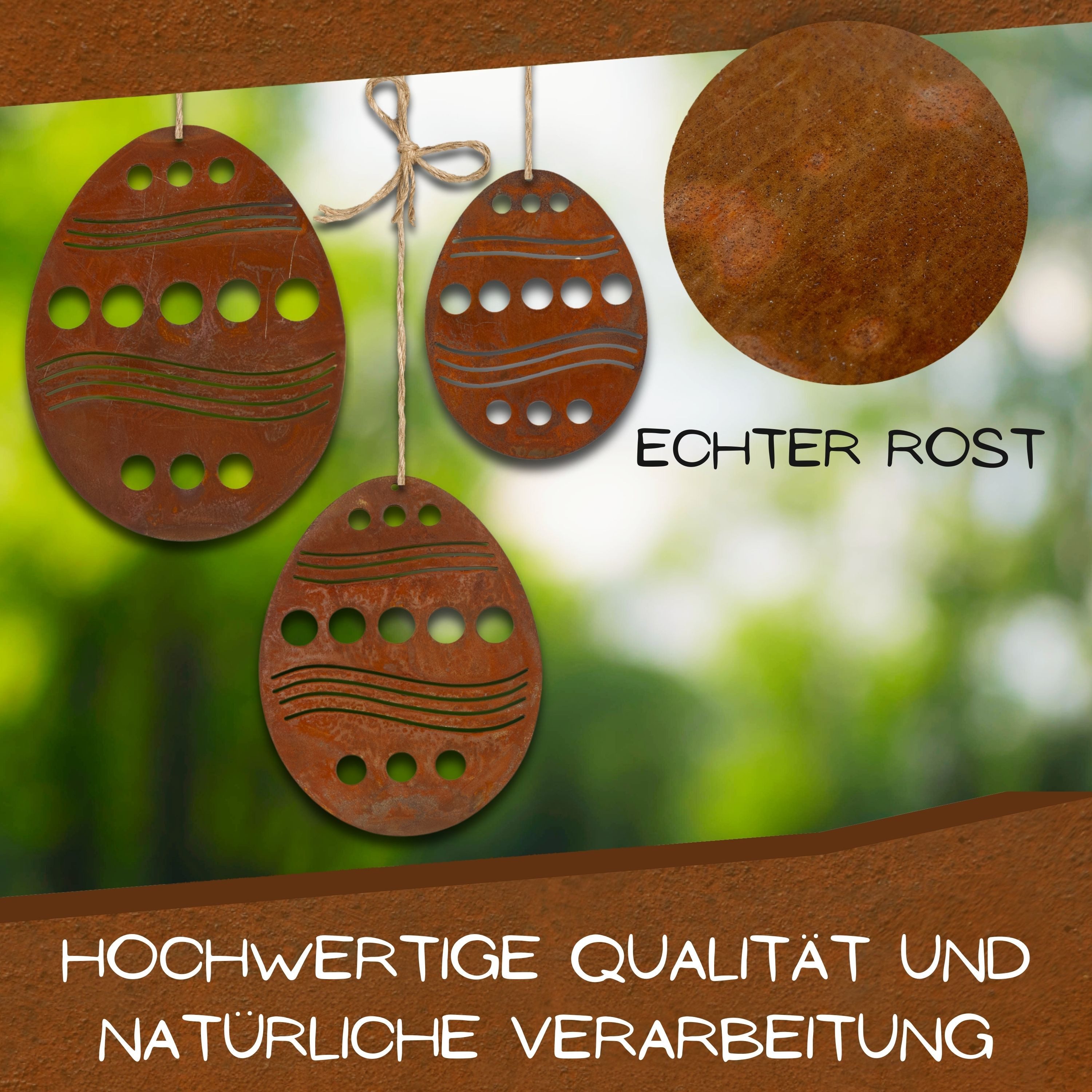 Rostikal Osterei Metall Osterdeko aussen Ostereier zum aufhängen (Set, 3tlg), echter Rost