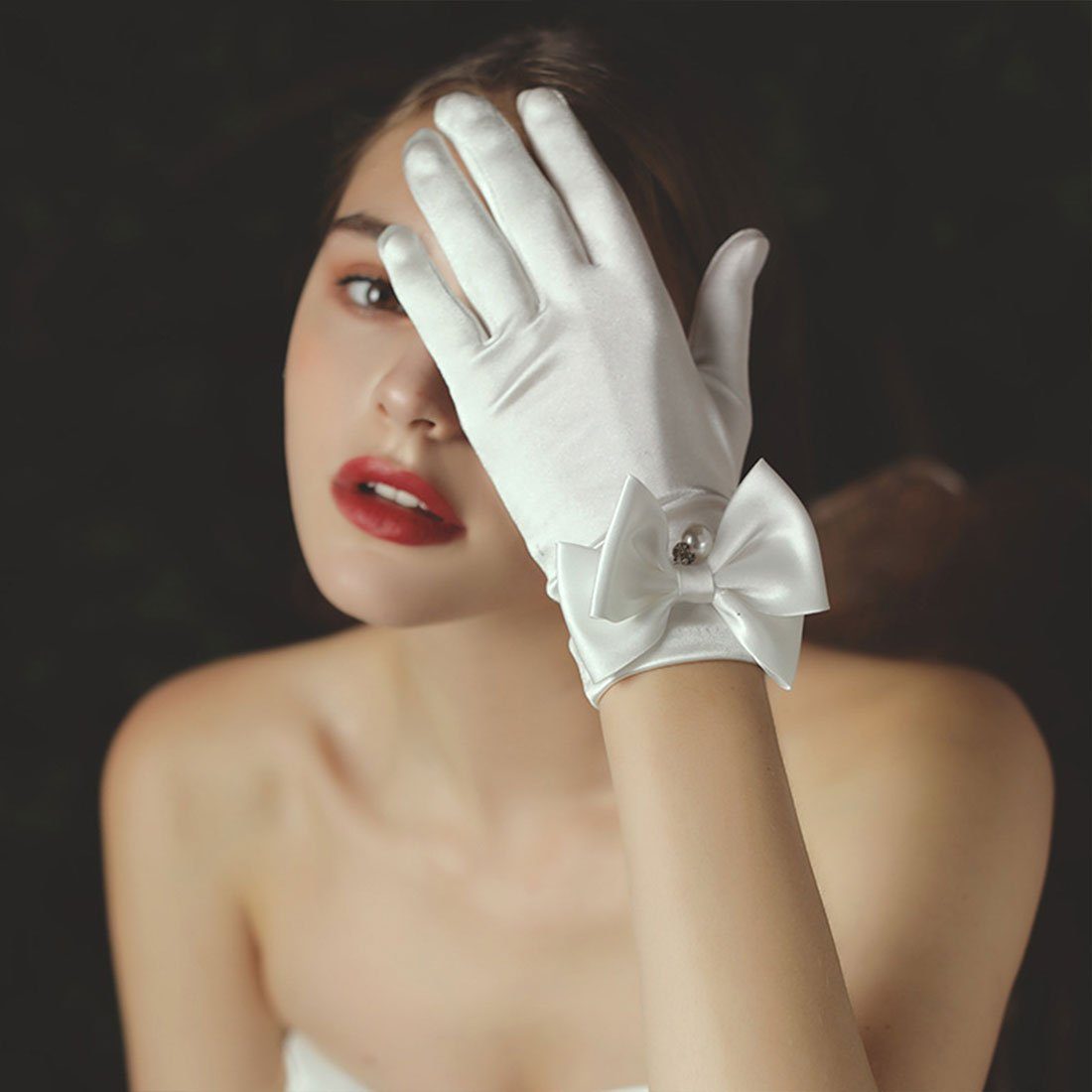 perlweiße DÖRÖY die Braut, Satinhandschuhe für Französische kurze Handschuhe Abendhandschuhe