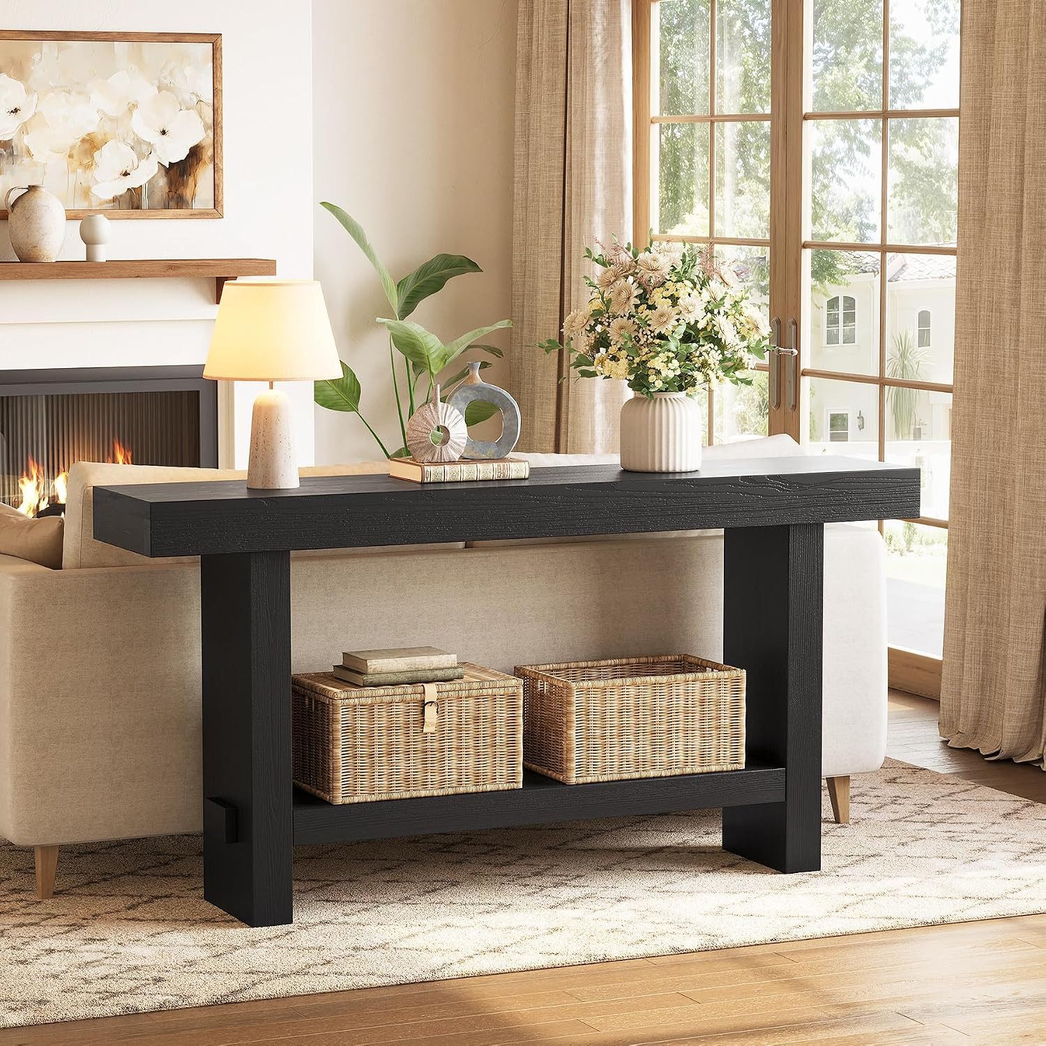 Tribesigns Konsolentisch Konsoltisch 160 cm Massivholz 2‑Ebenen Landhausstil Schwarz für Flur – Bild 3 von 5