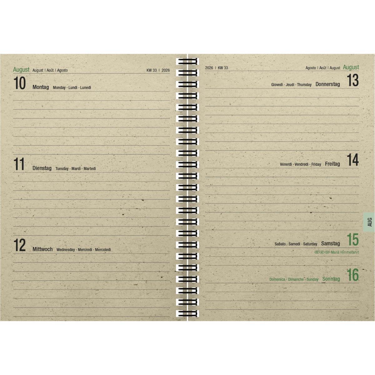 ZETTLER Taschenkalender Wochenbuch 759 Graspapier 13,7x19,6cm 1 Woche/2 Seiten 2026