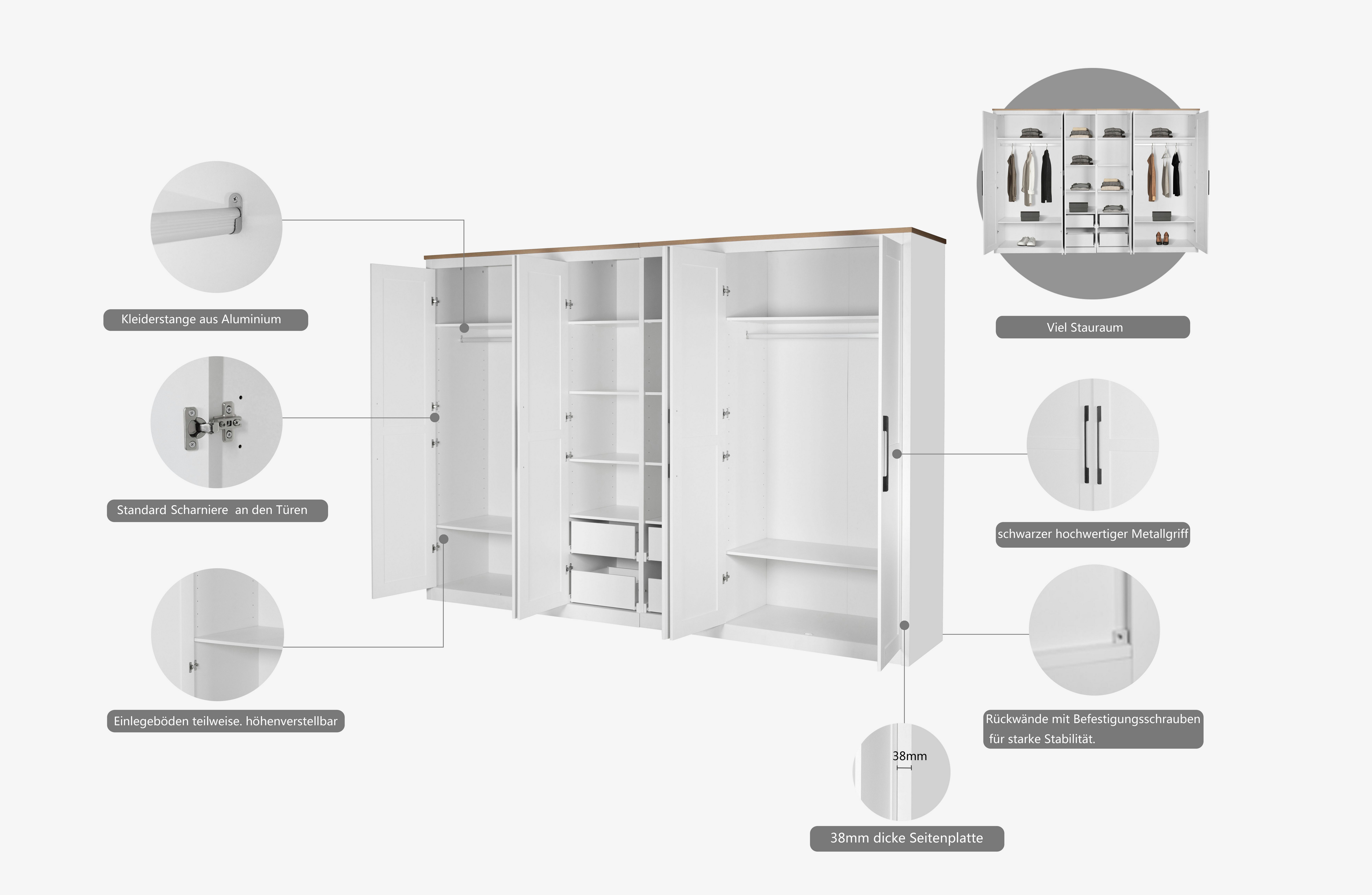 OTTO home Kleiderschrank Büsum Schlafzimmer Schrank mit 6 Türen (stabile robuste Bauweise mit optimaler Aufteilung - Breite 3m) Schlafzimmerschrank Landhaus Design Garderobe Schrank Bestseller
