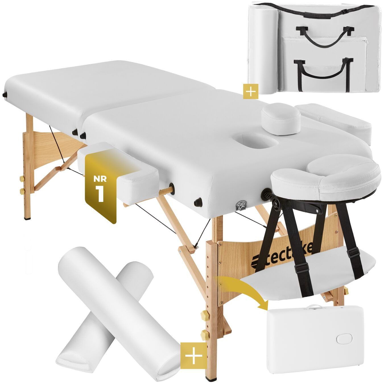 tectake Massageliege 2-Zonen-Liegen-Set 187 x 59 x 65,50 cm, 59 cm breit, 7,5-cm-Polster (Massagebank-Set Suman, 1-St., in weiß), Holz, klapp-/höhenverstellbar, Kopf-/Armablagen, Rollen und Tasche