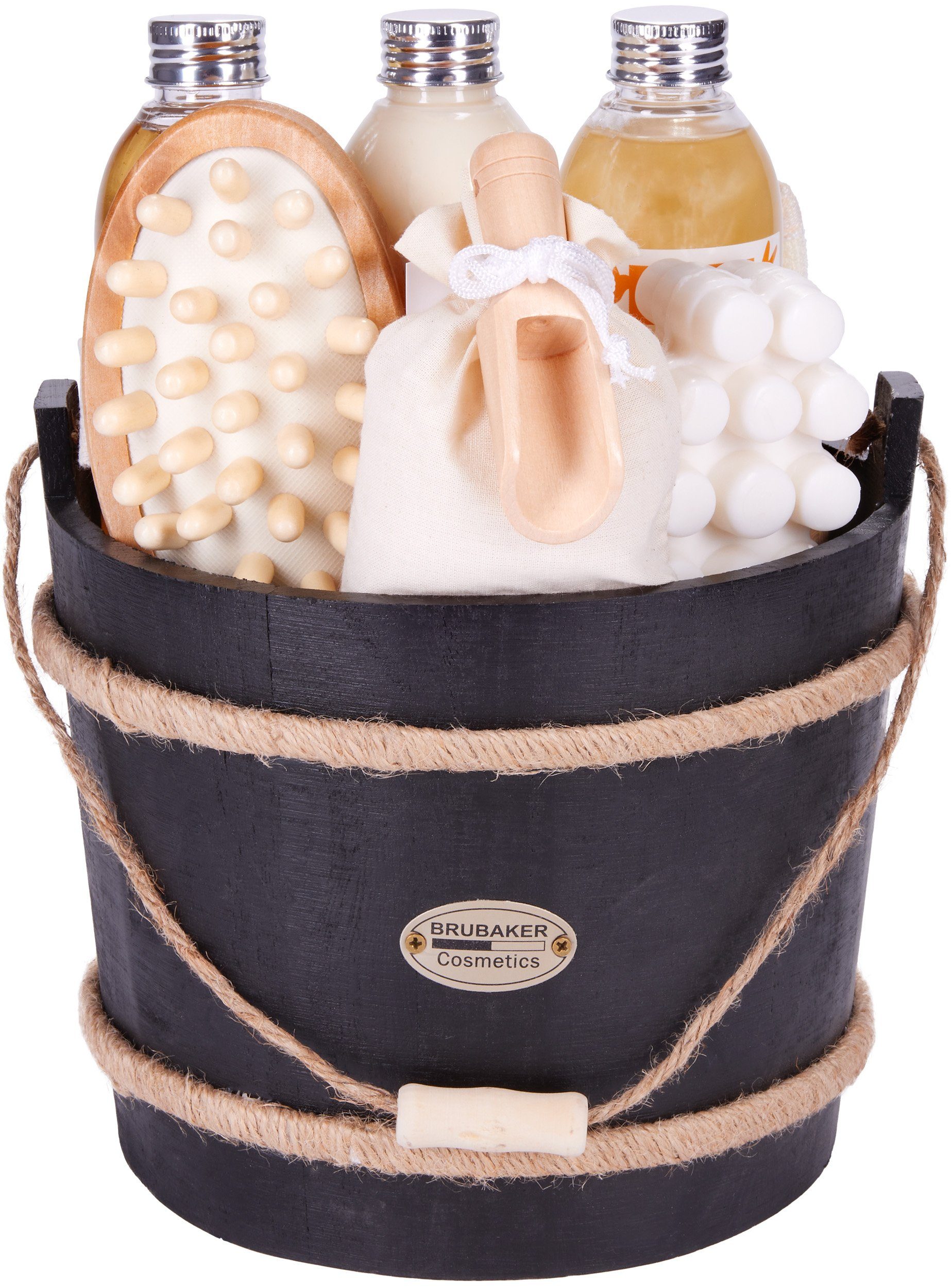 BRUBAKER Hautreinigungs-Set Dusch- und Badeset für Frauen - Pflegeset im Holz Fass Schwarz, 9-tlg., Damen Geschenkset im Badefass, Mango & Pfirsich Duft