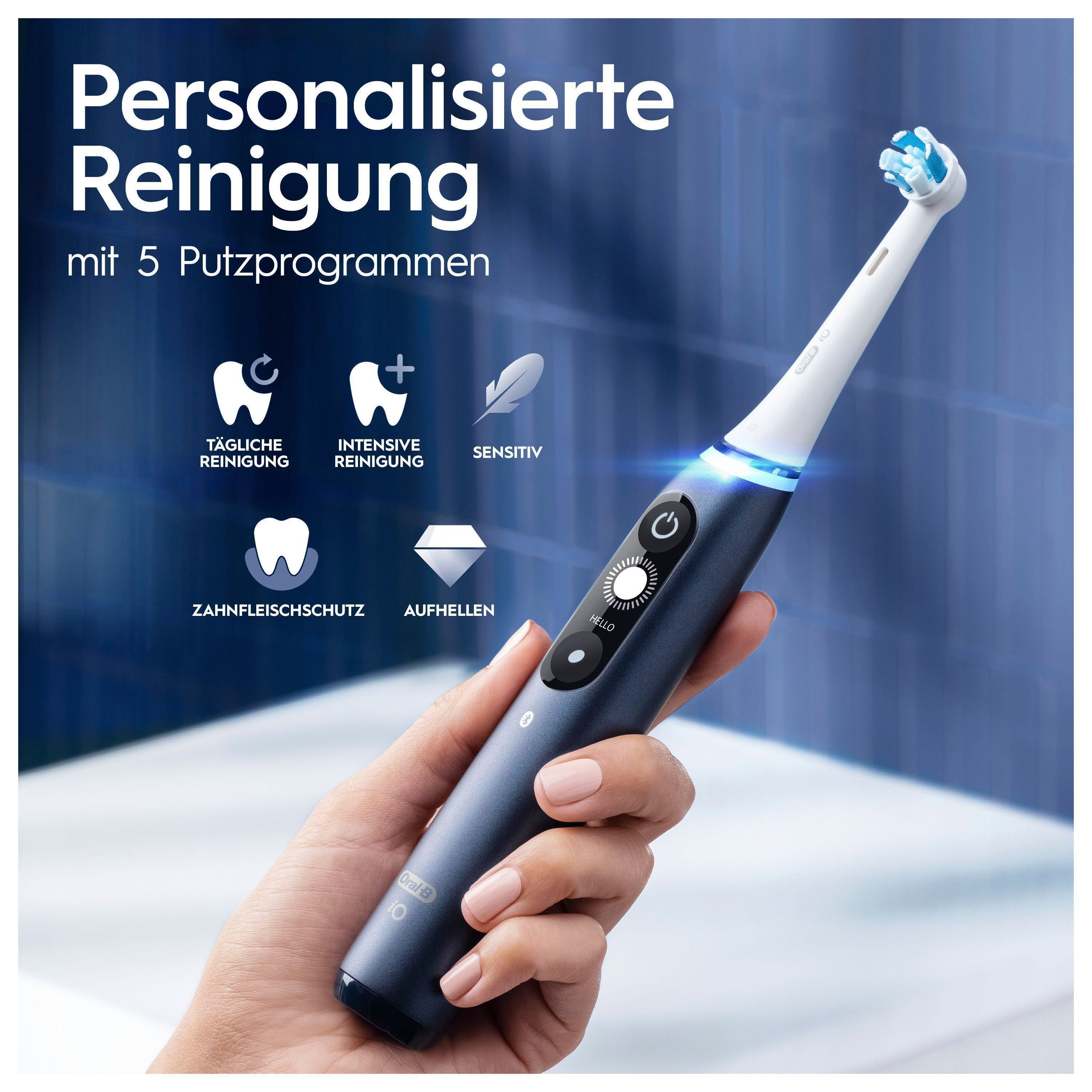 Oral-B Elektrische Zahnbürste iO Aufsteckbürsten: mit Reiseetui 7, sapphire 2 Magnet-Technologie, St., 5 Display, Putzmodi, blue