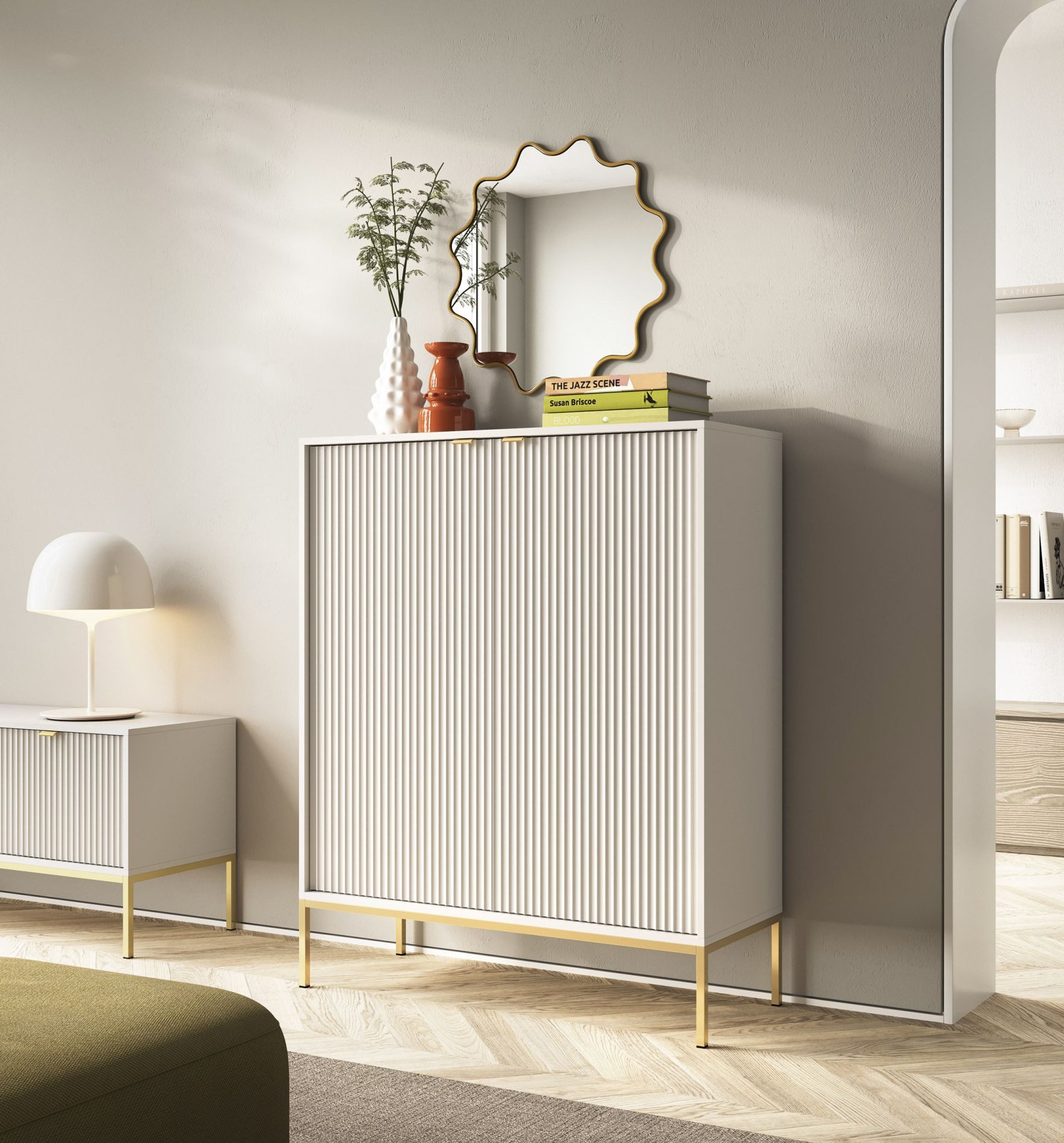 Selsey Highboard VELLORE, 2-türig mit 6 Fächern, goldenem Gestell, 125 cm hoch
