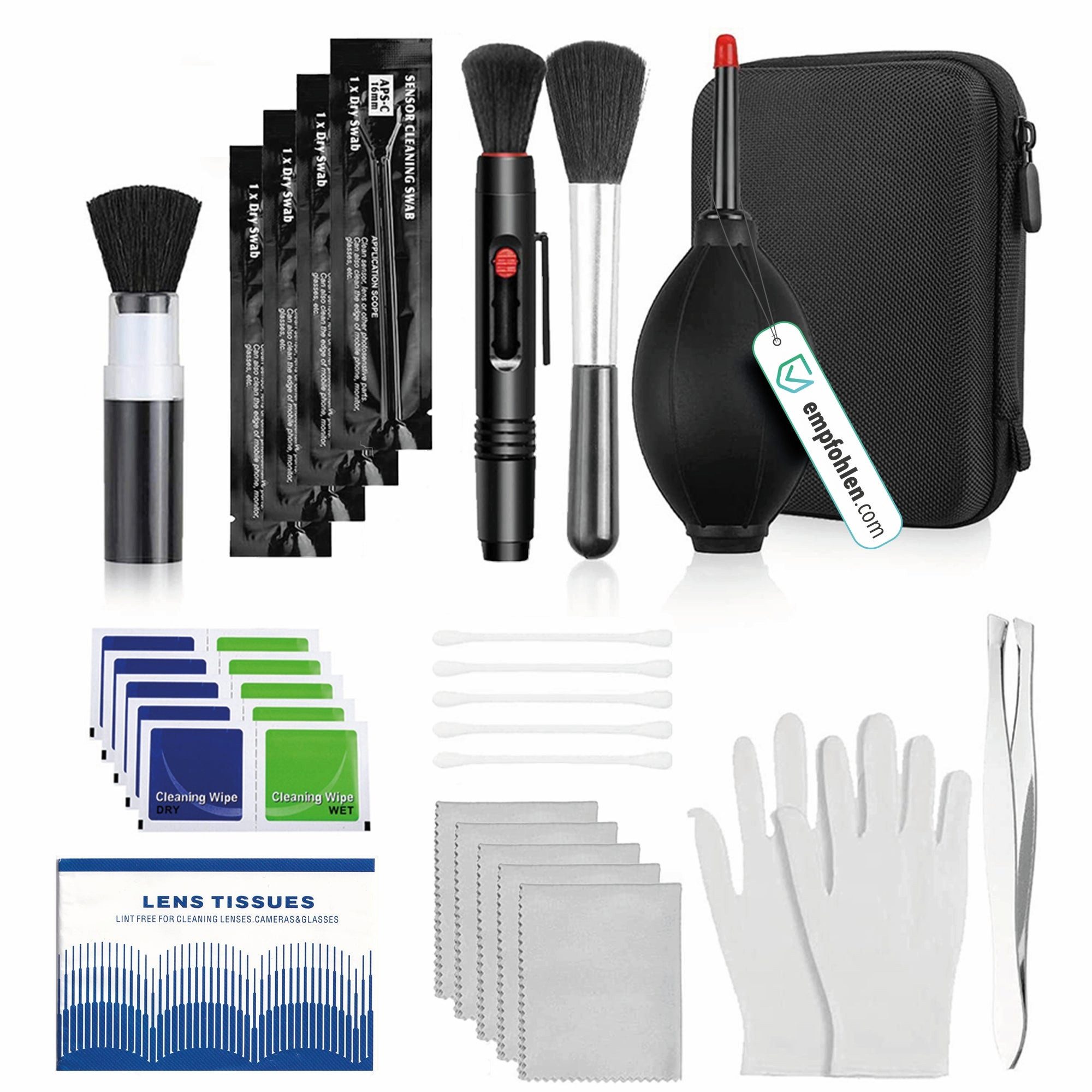 pixly Linsenreiniger Kamera-Reinigungsset 16-teilig Sensor- & Objektiv-Reinigung, mit Blasebalg, Linsenstift, Mikrofasertüchern & APS-C/Vollformat Swabs