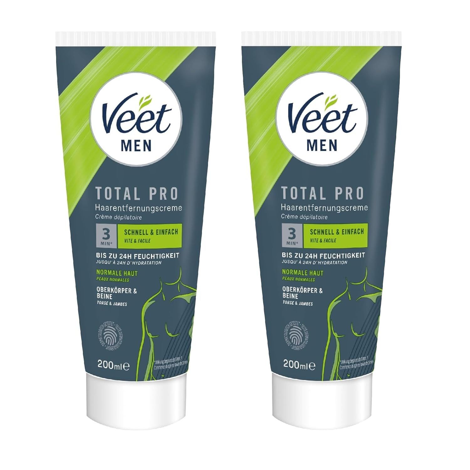 Veet MEN Enthaarungscreme für Oberkörper & Beine, Spar-Pack, 2 St., 2 x 200 ml Tube & Spatel, Haarentfernung in 5-10 Minuten