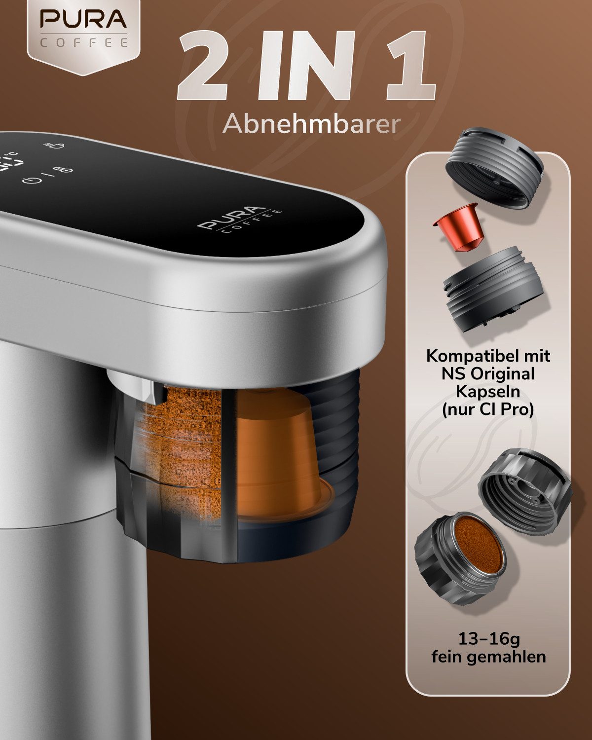 PURA COFFEE Kapselmaschine C1 Pro, 2-in-1 Reisekaffeemaschine Kompatibel mit Nespresso-Kapseln und gemahlenem Kaffee, 20Bar, Sofortheizung, Tragbar und Wiederaufladbar, Geeignet für Camping, Zuhause und Büro