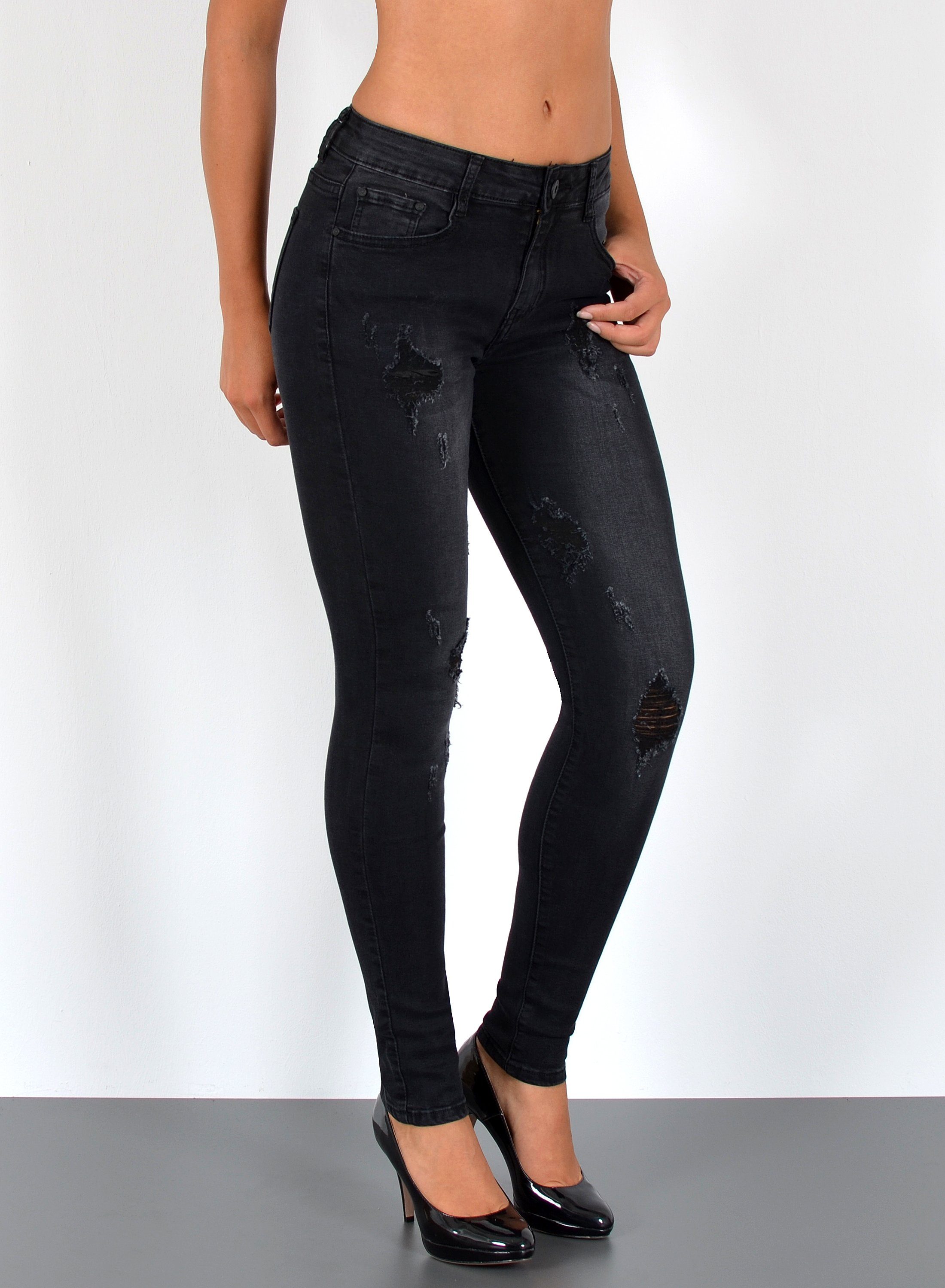 ESRA Skinny-fit-Jeans S600 Damen Skinny Fit Jeans Hose High Waist, bis Übergröße / Plussize, Enge Jeans Hohe Leibhöhe bis Große Größe, Enge Röhrenjeans, Schmale Jeans, Hoch Bund, Stretch, hohe Bundhöhe, Skinny Jeans Hose bis zur Taille, Damen Jeans Hose Destroyed, Destroyed Jeanhose mit Risse