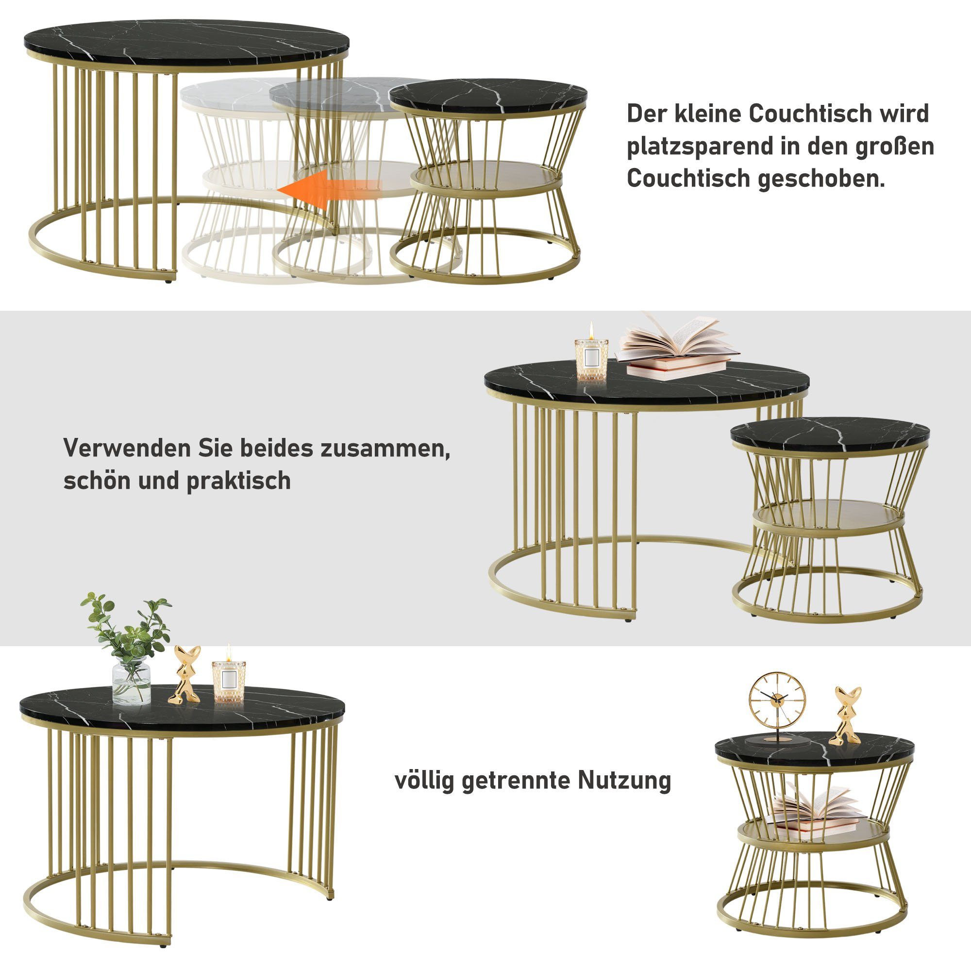 Kaffeetisch SPLOE (Solid Satz Sofa Design), Couchtisch Rund Runde Design Schwarz+Gold von Marmor Satztisch Couchtisch Smart Set Nest Endtische Einzigartigrd Dauerhaft Beistelltisch Safety Furnier 2er HAUSS und Tischen Seite