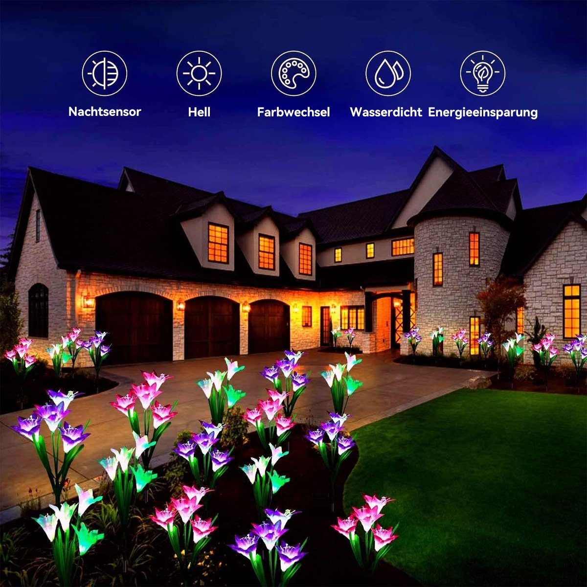 DOPWii LED IP55 LED 4er Solar Blume, Garten Licht Buntes Solarleuchte Wasserdichtes Pack