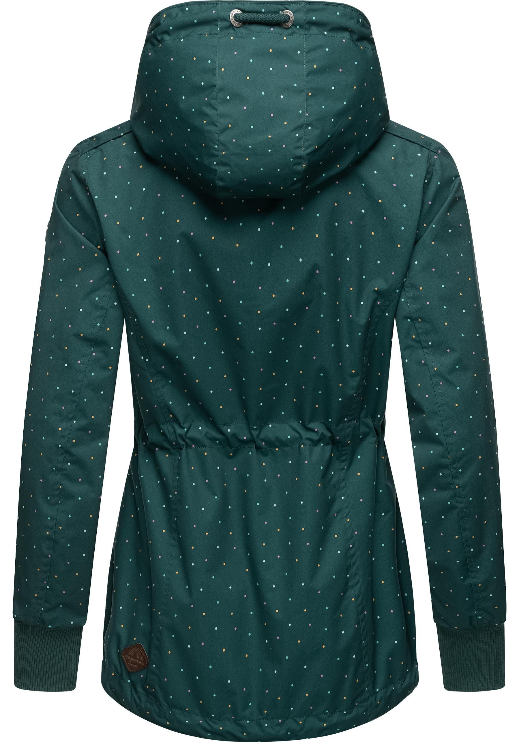 stylische dunkelgrün Kapuze großer Ragwear Danka Dots Outdoorjacke mit Übergangsjacke