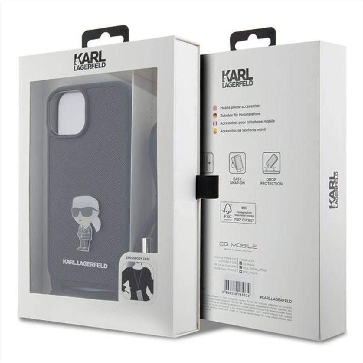 KARL LAGERFELD Smartphone-Hülle Karl Lagerfeld Apple iPhone 15 Saffiano Metal Pin Karl & Choupette