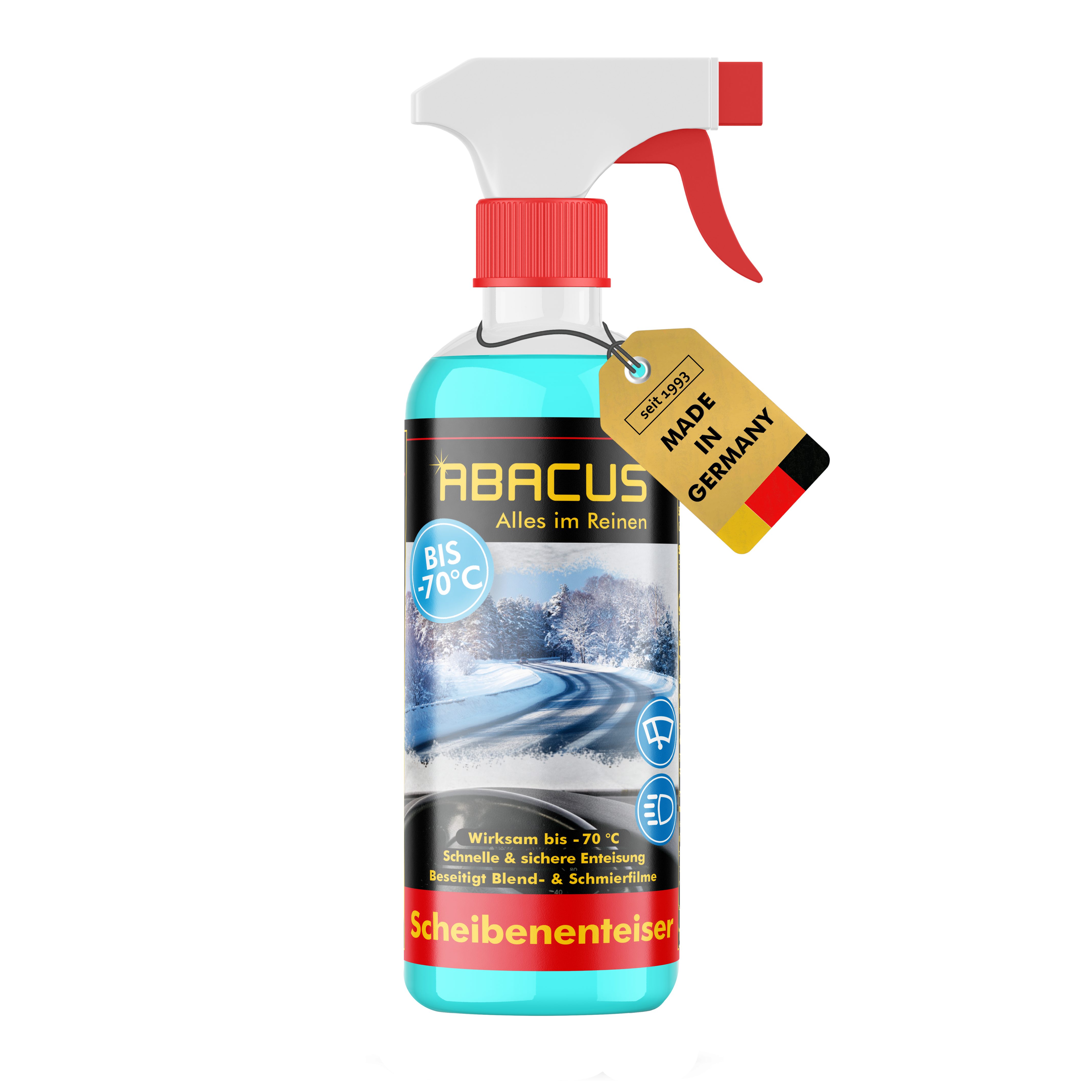 ABACUS Scheibenfrostschutz Scheibenenteiser Enteiserspray bis -70 °C, Sicher für alle Materialien, Lacke & Dichtungen, 1 St., Wirksam bis -70°C, Entfernt Eis im Handumdrehen