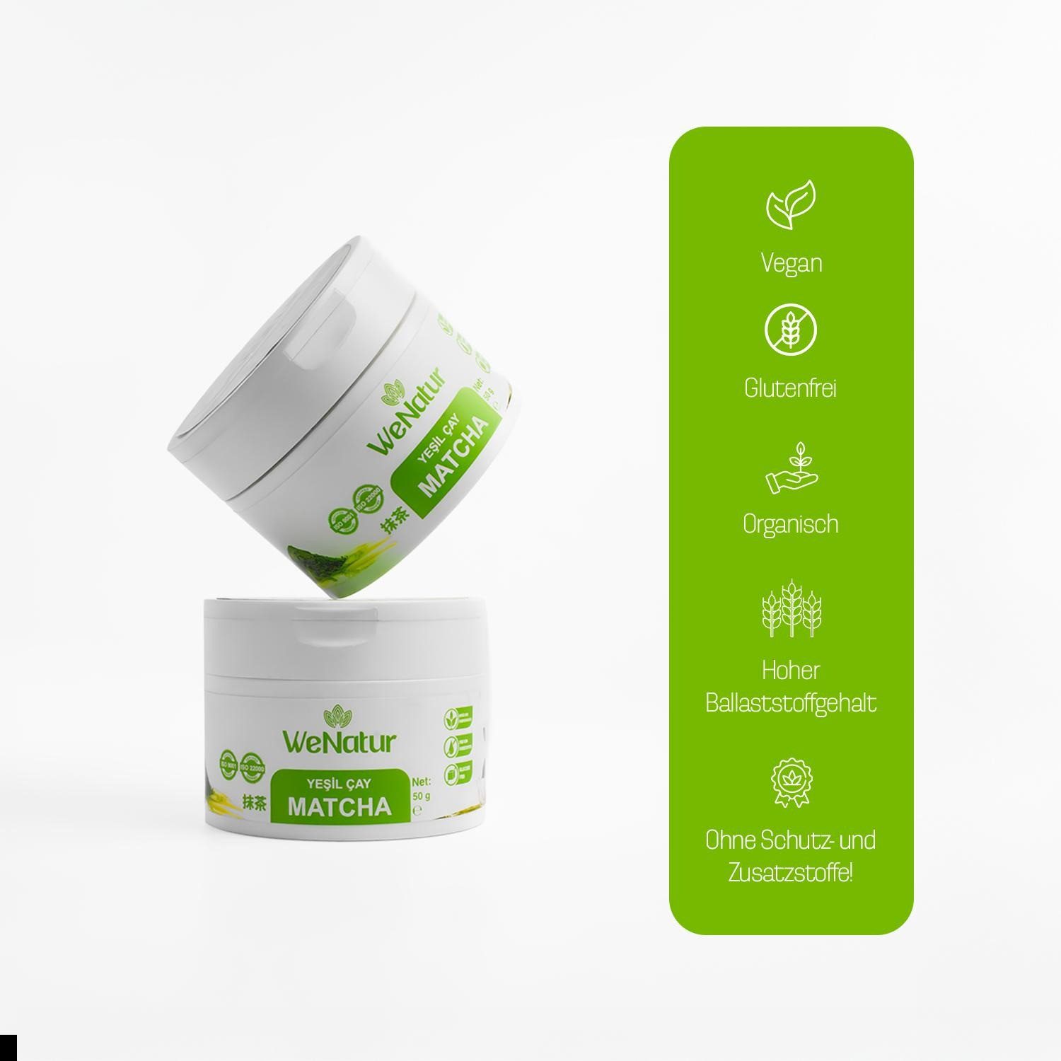 We_Natur Tee Grüner Matcha–Fein gemahlenes Matcha Pulver für vielseitige Verwendung, 50 g, Ohne Zusatzstoffe, 100 % reines Matcha-Pulver.
