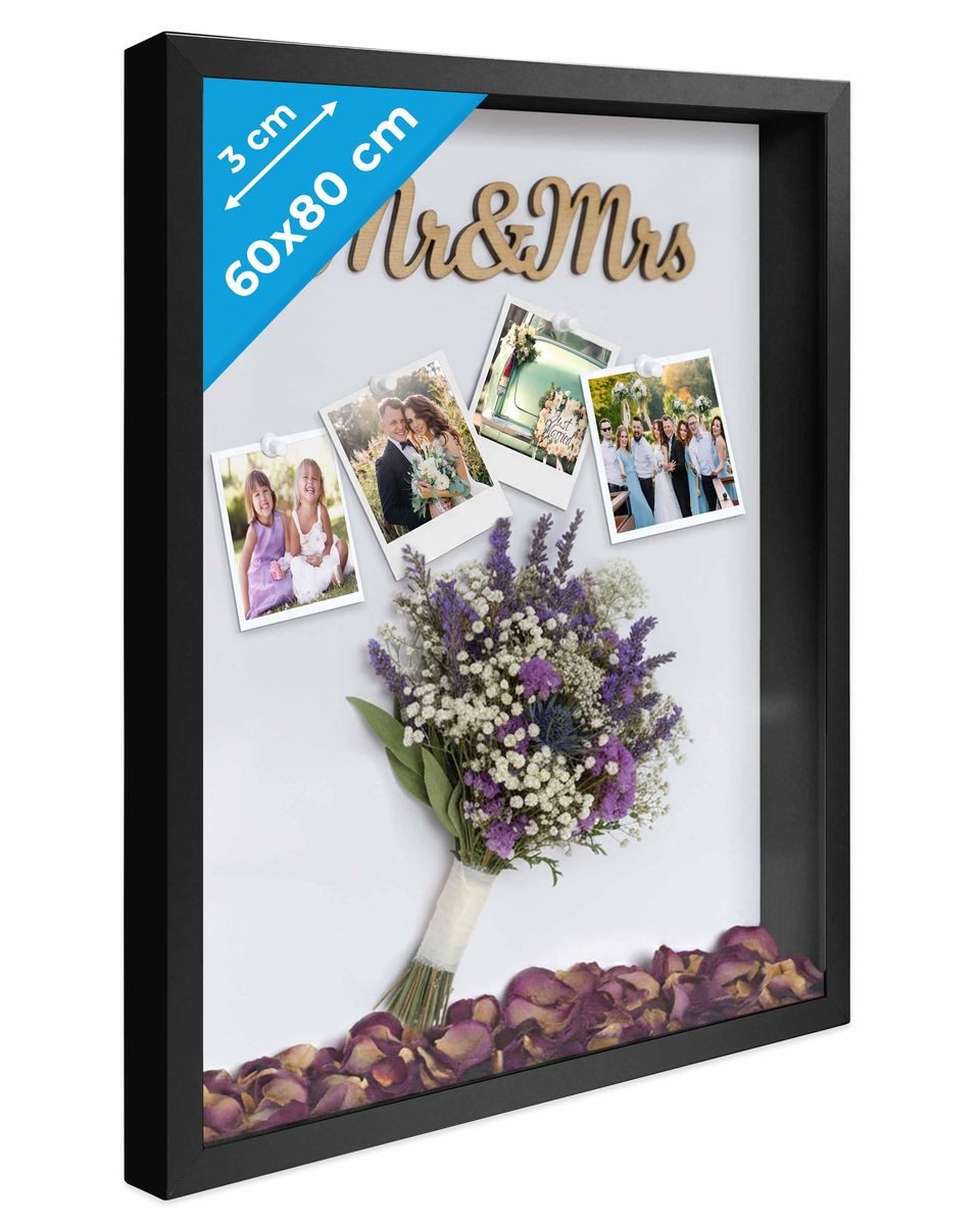 PHOTOLINI Bilderrahmen 3D-Objektrahmen tief zum Befüllen mit Glasscheibe, für 1 Bilder (1 Einzelrahmen), tiefe Rahmen 60x80 cm für Objekte bis 3 cm Tiefe