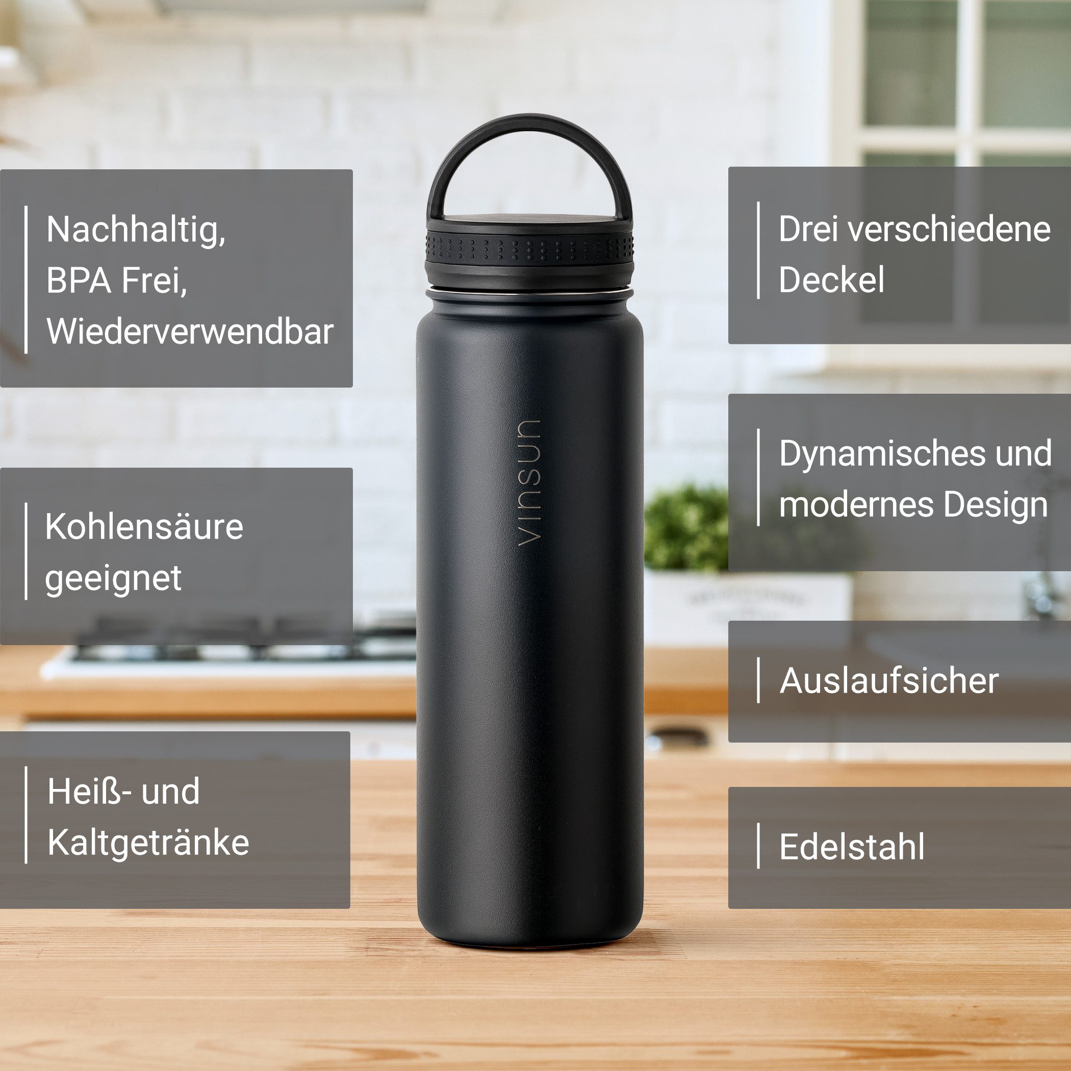 Vinsun Isolierflasche Edelstahl Trinkflasche 500ml, 3 Deckel, auslaufsicher, doppelwandig, 3 Deckel - Strohhalm, Trinköffnung, Schraubverschluss