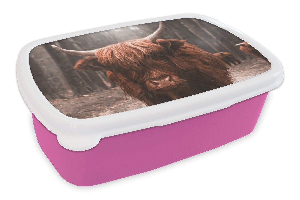 MuchoWow Lunchbox Schottischer Hochländer - Wald - Kuh - Tiere - Natur, Kunststoff, (2-tlg), Brotbox für Erwachsene, Brotdose Kinder, Snackbox, Mädchen, Kunststoff rosa