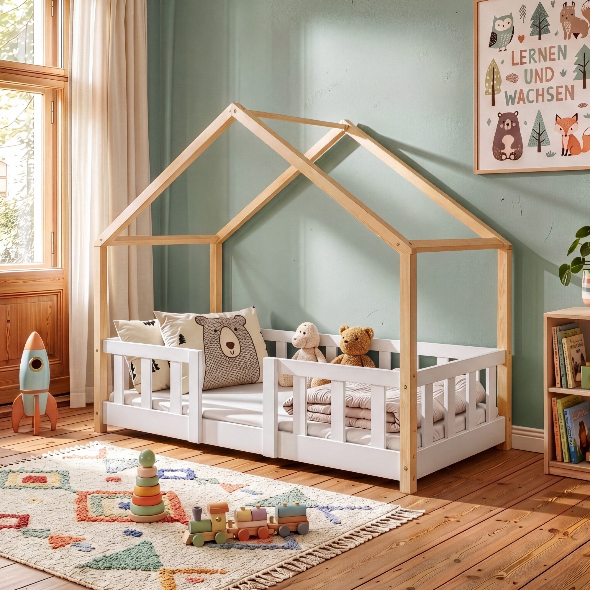 en.casa Kinderbett, »Treviolo« Haus-Optik Montessori 70x140 cm Weiß / Natur