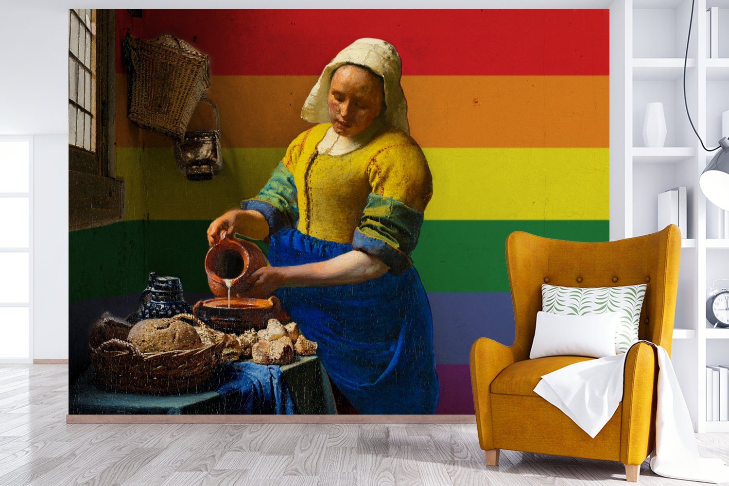 Milchmädchen Matt, MuchoWow Kinderzimmer, Regenbogen, Vermeer (6 Wallpaper Wohnzimmer, bedruckt, für Schlafzimmer, Tapete - Fototapete - Vinyl St),