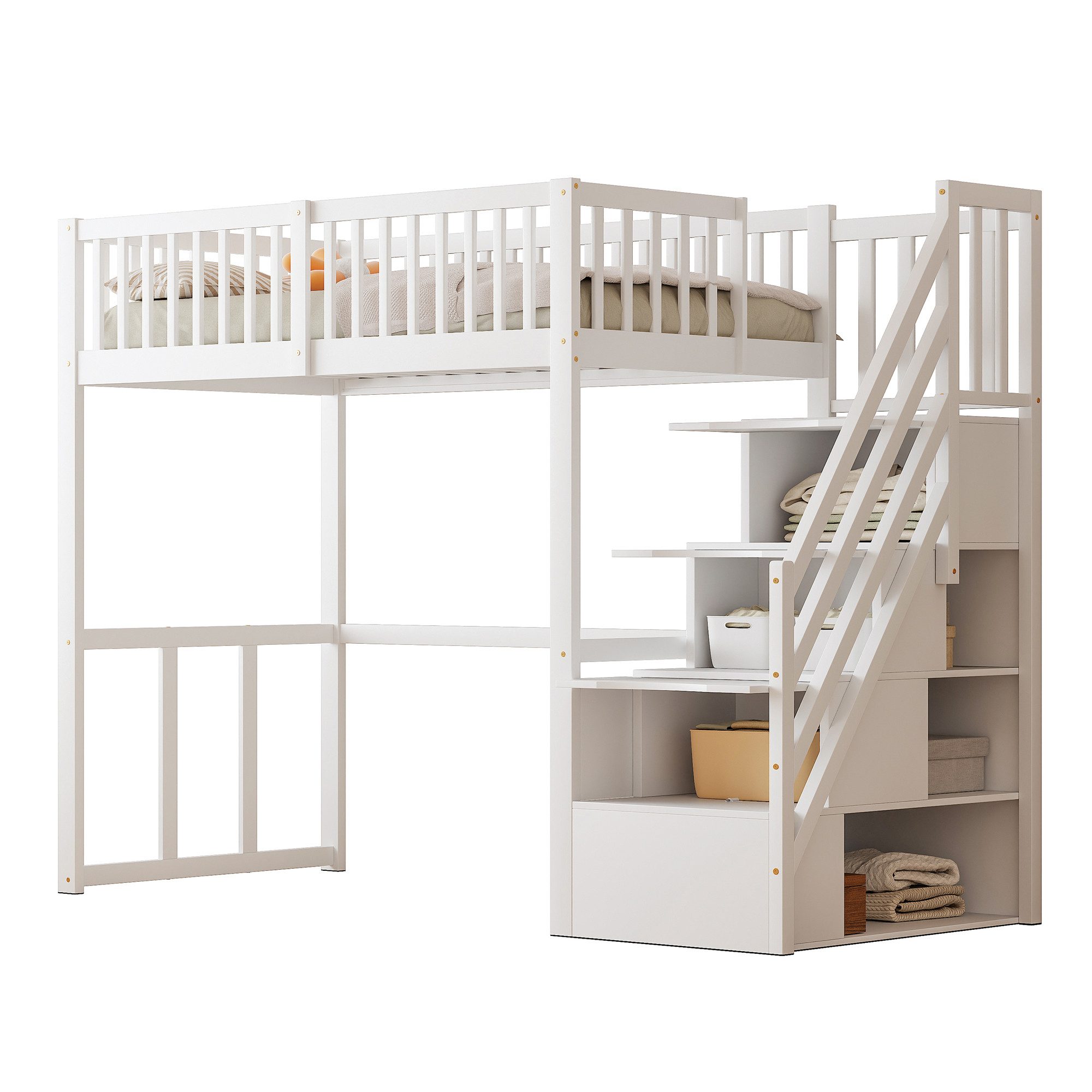 REDOM Kinderbett mit großem Kleiderschrank Regal und Tisch (Hochbett 90x200 cm mit sicherer Aufbewahrungstreppe, stabilem Kiefernholzrahmen für Kinder & Jugendliche – Platzsparend, mit unterem Stauraum für Spielecke & Lernbereich – Ideales Kinderzimmermöbel, 90 x 200 cm), ohne Matratze