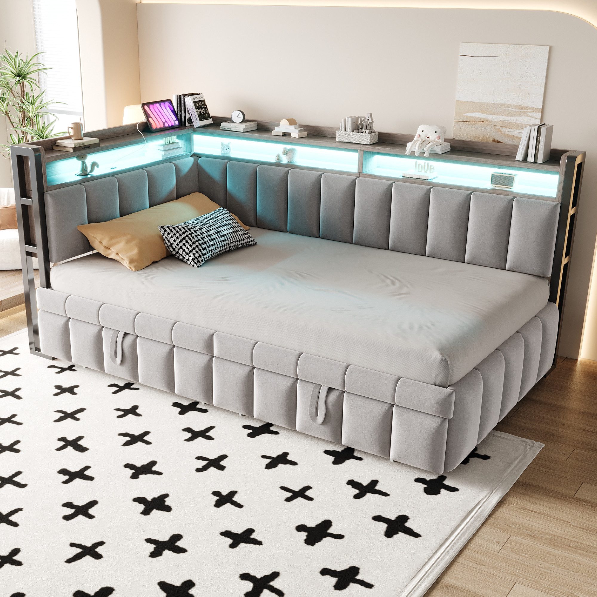 Merax Daybett 90x200cm Schlafsofa mit LED-Beleuchtung & USB-Anschluss (Sofabett Jugendbett Kinderbett, 1 tlg), Polsterbett Samtstoff Tagesbett mit Ausziehbett S – Bild 3 von 5