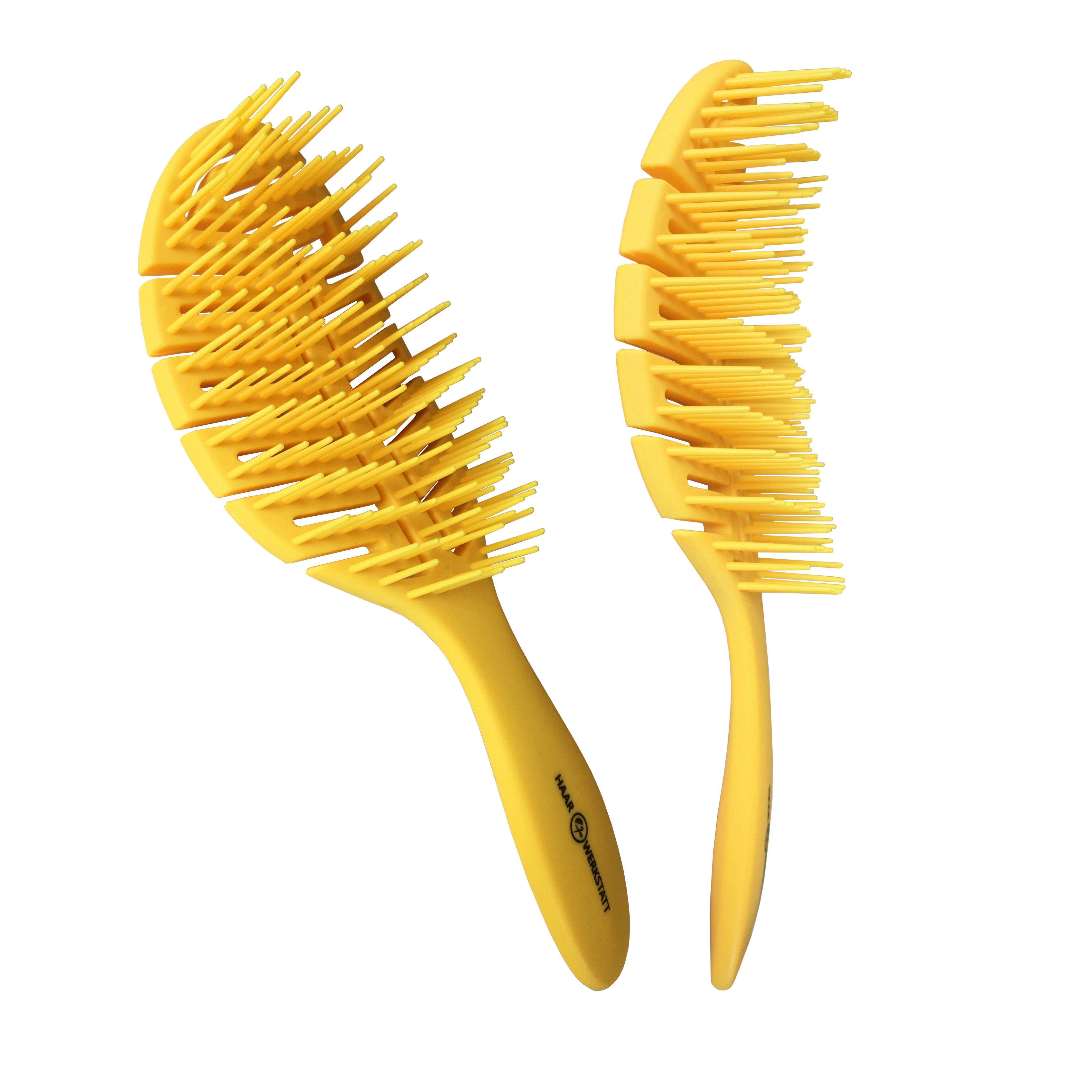 Haarwerkstatt Haarbürste Profi Haarbürste für Damen, Herren und Kinder - Die optimale Entwirrungsbürste für Ihr Haar, Gebogene Haarbürste mit weiche Borsten - curved brush Gelb