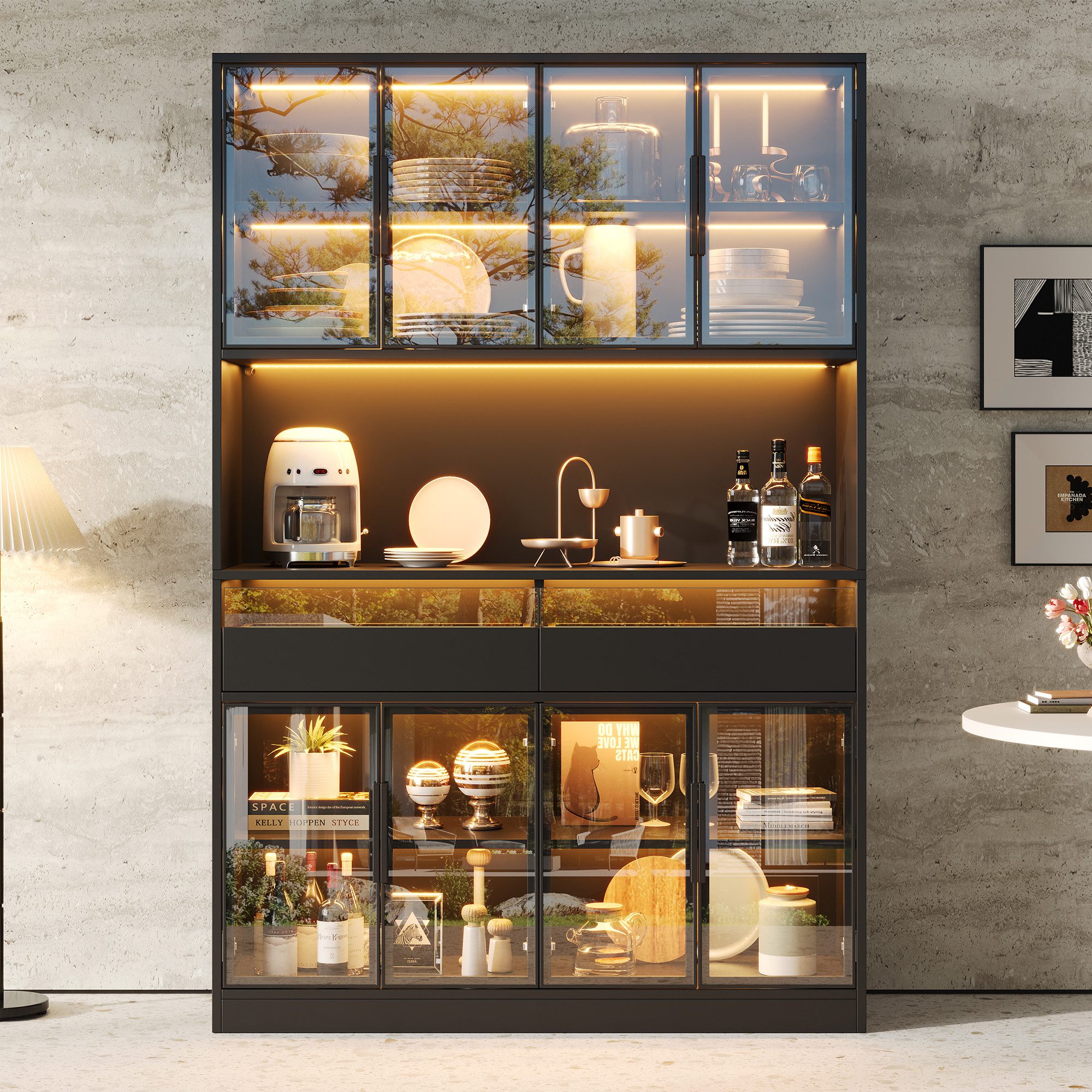 Flieks Glasvitrine Hochschrank mit LED-Beleuchtung, 8 Glastüren und 2 Schubladen (B120xT40xH180 cm, 1-St) multifunktionaler Küchenbuffet mit Airbeitsplatte Standvitrine Schwarz