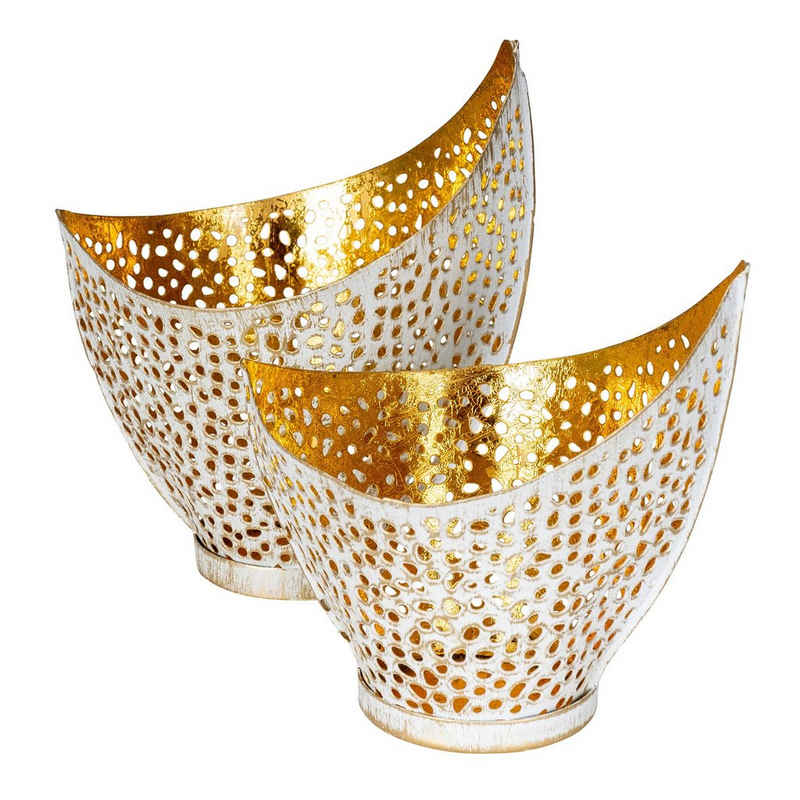 Levandeo® Teelichthalter, 2er Set Design Teelichthalter Weiß Gold Windlicht Metall