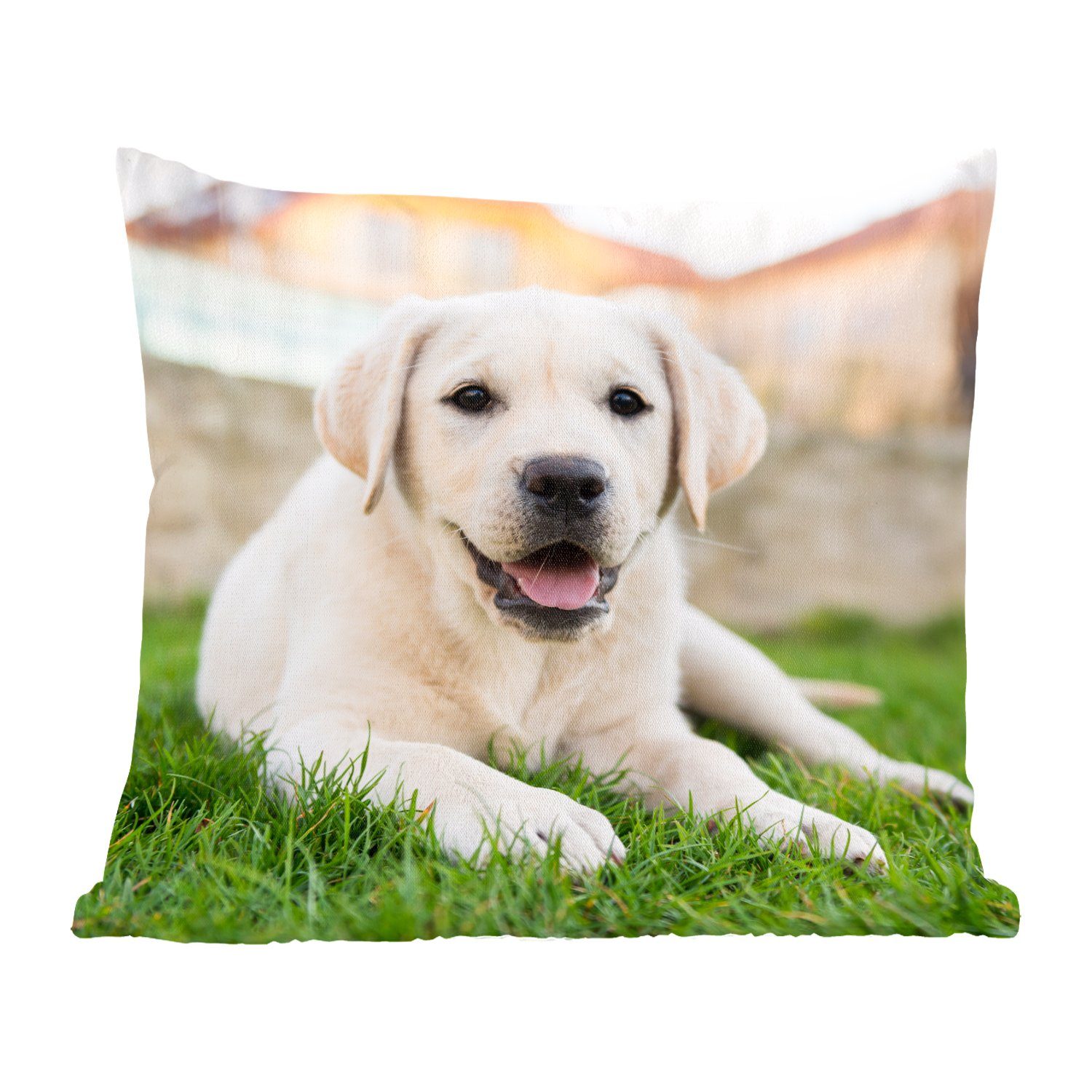 MuchoWow Dekokissen Weißer Labrador Retriever im Gras liegend, Zierkissen mit Füllung für Wohzimmer, Schlafzimmer, Deko, Sofakissen