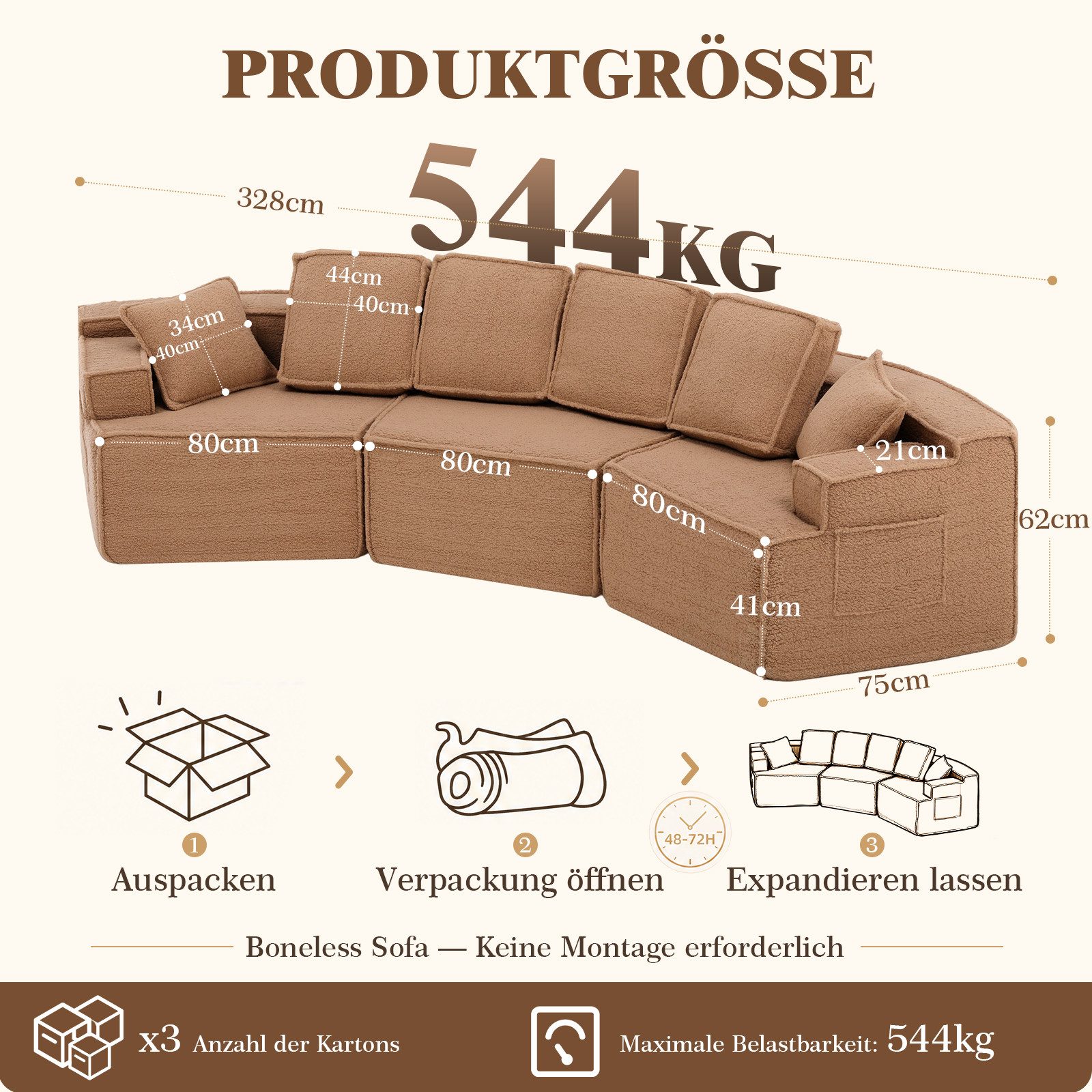 COMHOMA Sofa modulares Schlafsofa, Polstersofa, 3-Sitzer Sofa, Sektionscouch, Keine Montage erforderlich, mit Aufbewahrungstasche, schlaffunktion