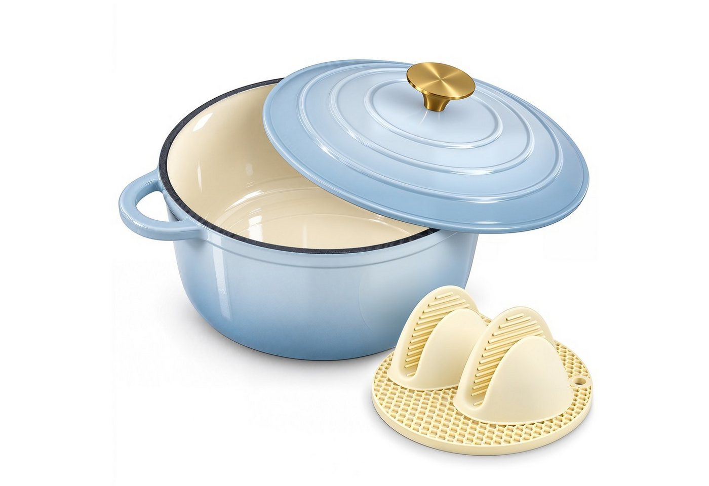 Zedelmaier Bräter Gusseisen Topf 22/24/26/28cm Incl. Silikon Topflappen Topfuntersetzer, (Set, 1 Pot mit 1 lid, 2 Ofenhandschuhe, 1 Topfuntersetzer), Backofengeeignet Induktionsgeeignet Zum Braten, Schmoren, Kochen