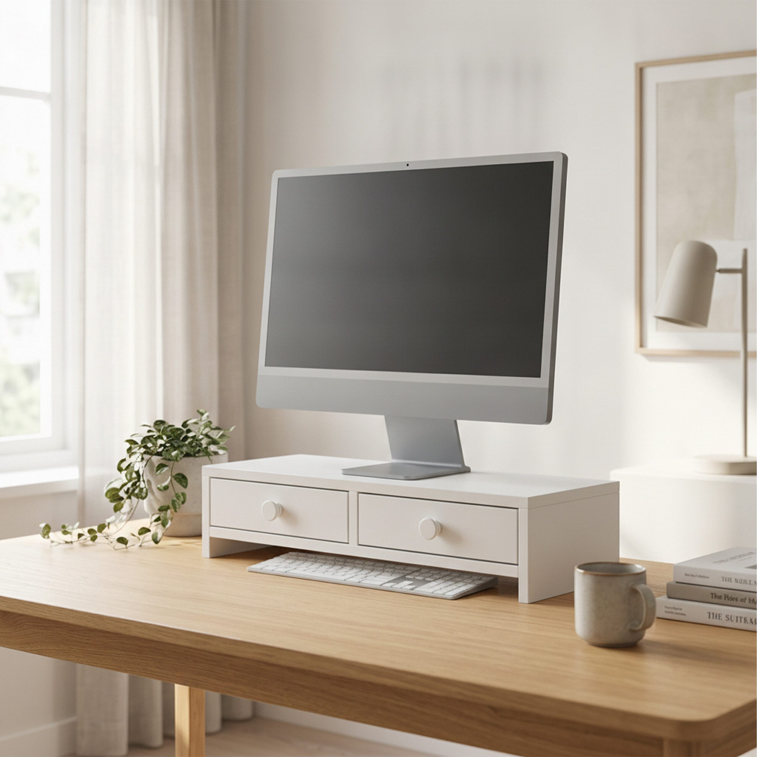relaxdays Monitorständer mit 2 Schublade, (weiß)