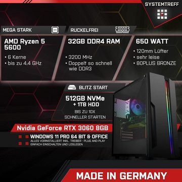 SYSTEMTREFF Basic Gaming-PC (AMD Ryzen 5 5600, GeForce RTX 3060, 32 GB RAM, 1000 GB HDD, 512 GB SSD, Luftkühlung, Windows 11, WLAN)