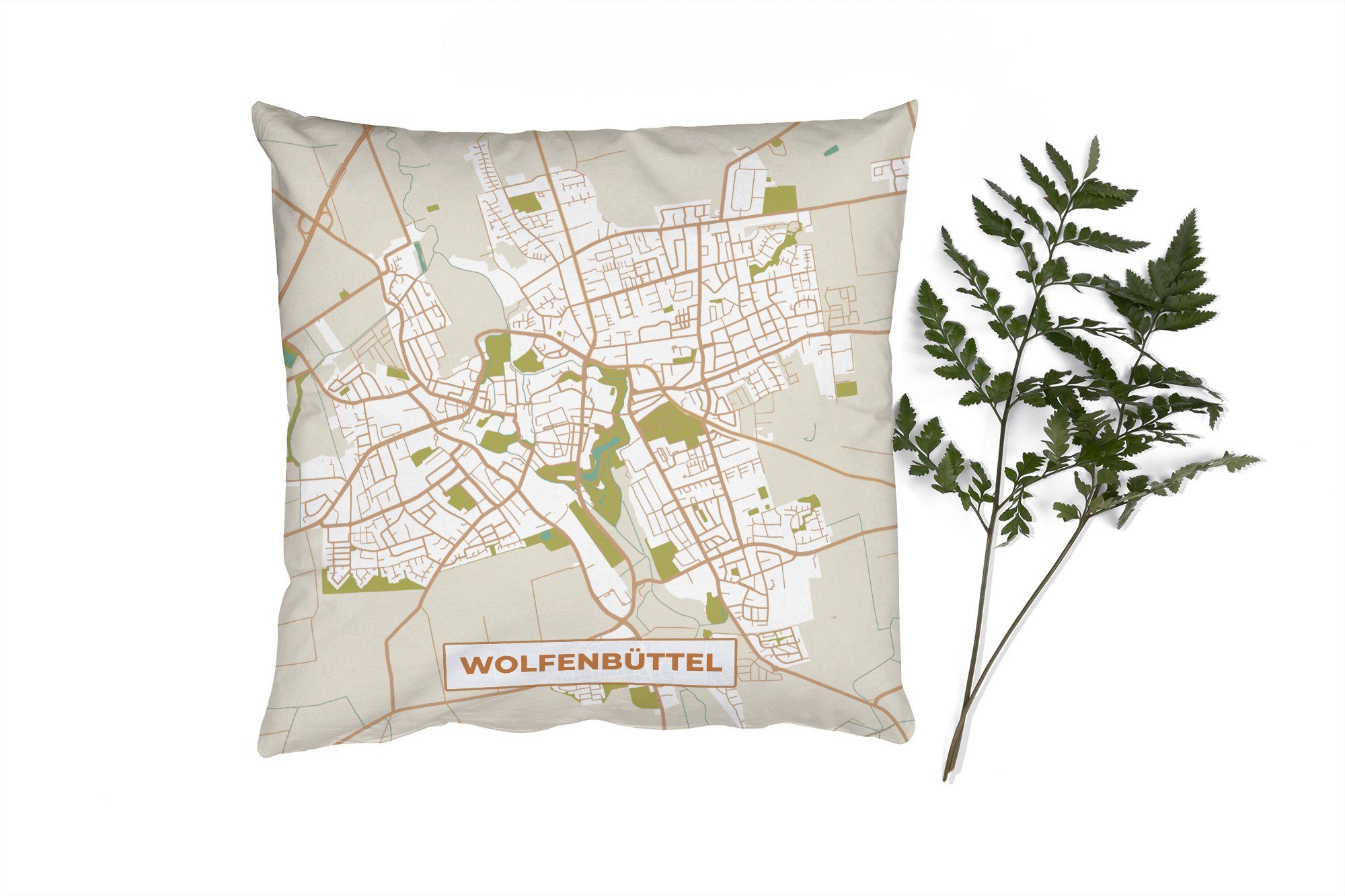 MuchoWow Dekokissen Karte - Wolfenbüttel - Vintage - Stadtplan - Karte, Zierkissen mit Füllung für Wohzimmer, Schlafzimmer, Deko, Sofakissen