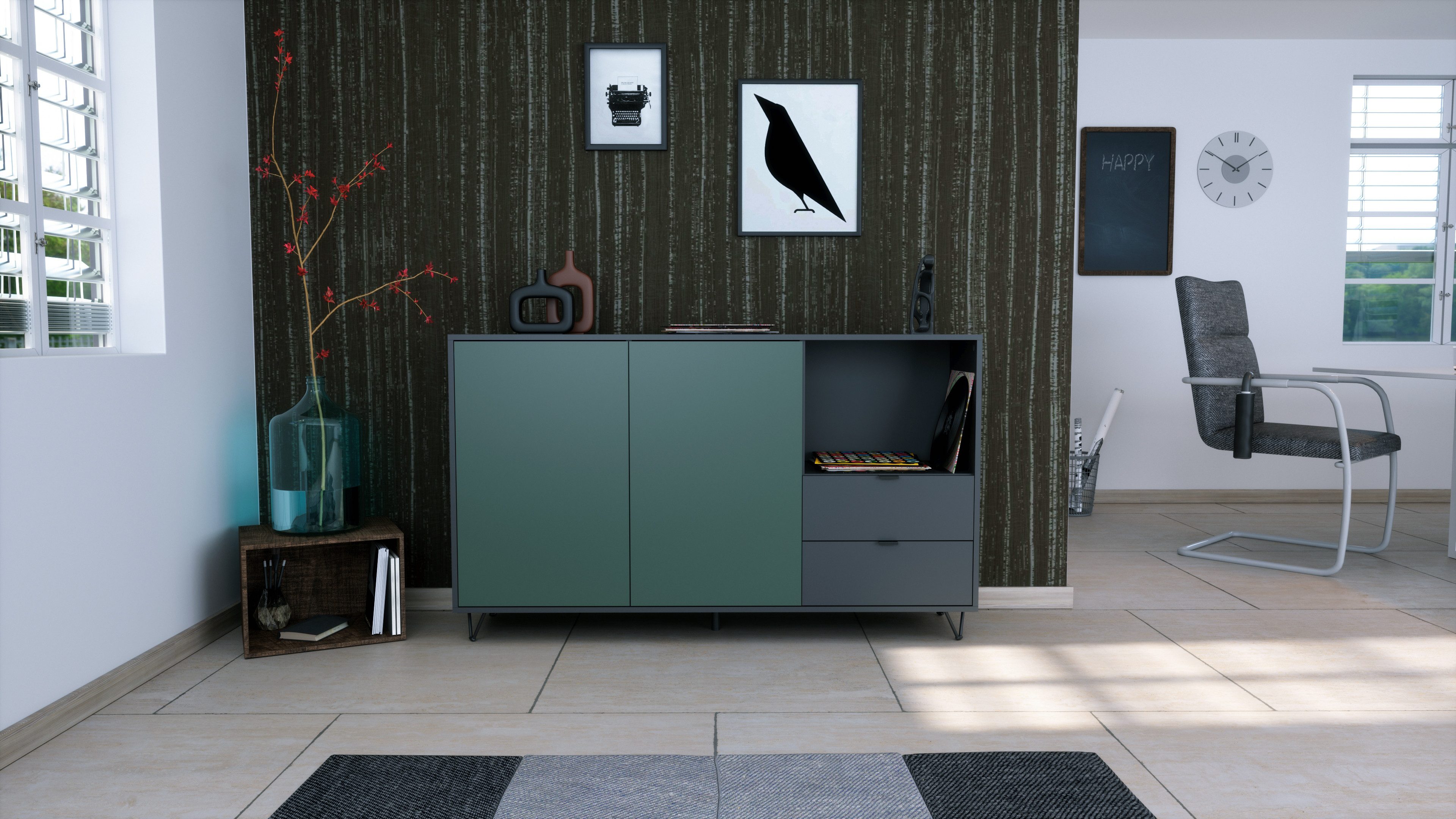 Vladon Sideboard Marino (Kommode mit 2 Türen Fjord Grün, 2 Schubladen Anthrazit matt, Made in Germany), Korpus Anthrazit matt (152,5 x 90,5 x 37 cm)