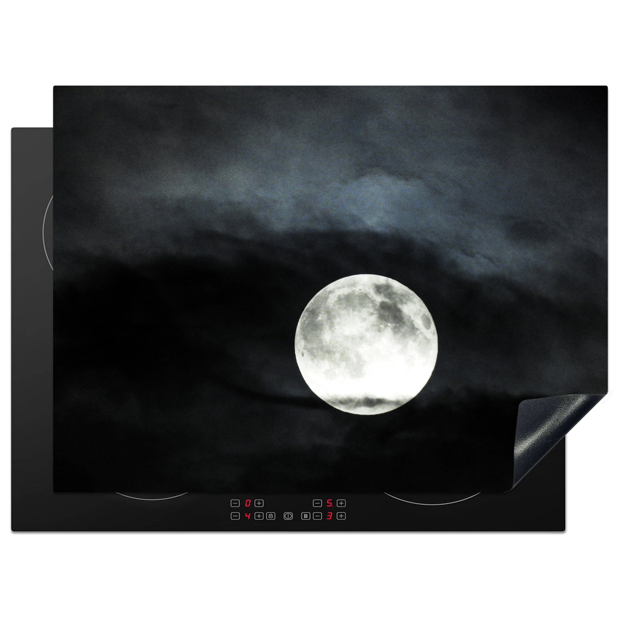 MuchoWow Herdblende-/Abdeckplatte Mond - Wolken - Weiß, Vinyl, (1 tlg), 71x52 cm, Induktionskochfeld Schutz für die küche, Ceranfeldabdeckung