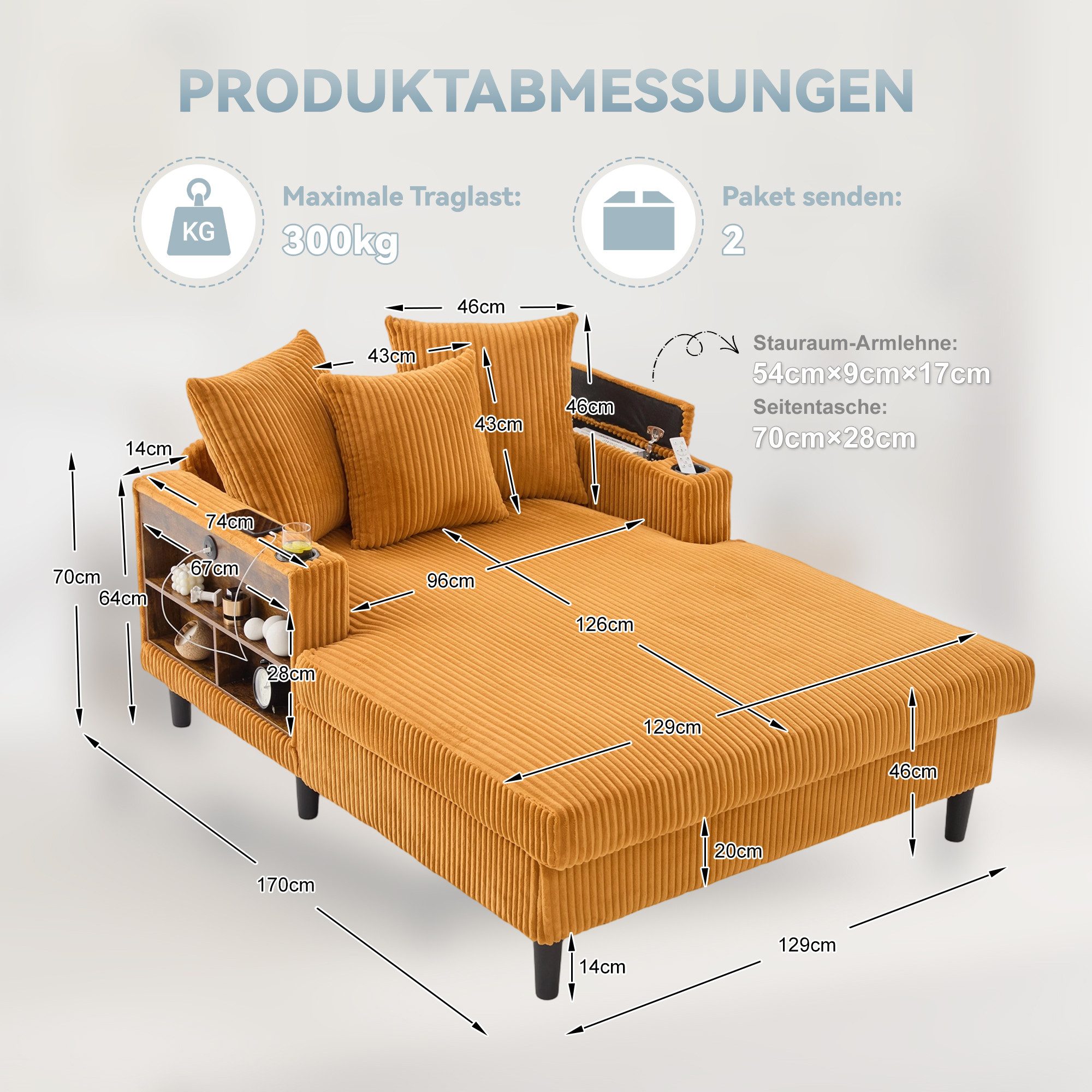 Celya Chaiselongue mit großer Liegefläche, mit LED-Beleuchtung und USB-Ladeport, mit Seitentasche, Stauraum und stabile Kunststofffüße