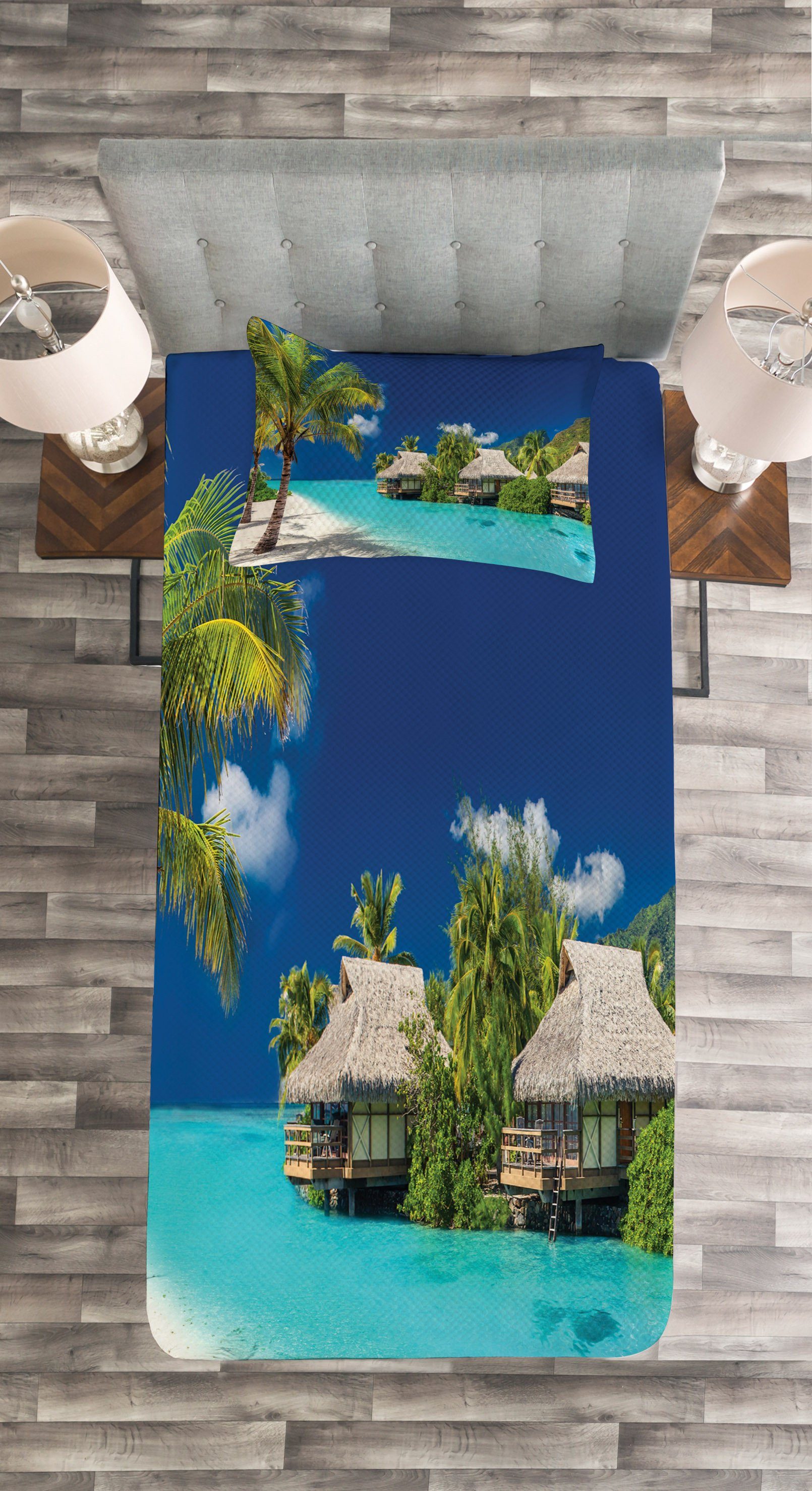 Strandhäuser Waschbar, Wasser-Kunst Set Abakuhaus, Tagesdecke auf mit Kissenbezügen Insel