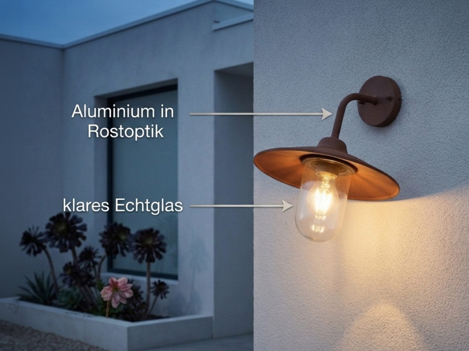 TRIO Leuchten LED Außen-Wandleuchte Metall Rostoptik & Glasschirm, Höhe 32cm, LED wechselbar, Warmweiß, Wand Außenleuchte, Fassadenbeleuchtung Landhausstil inkl. E27 LED