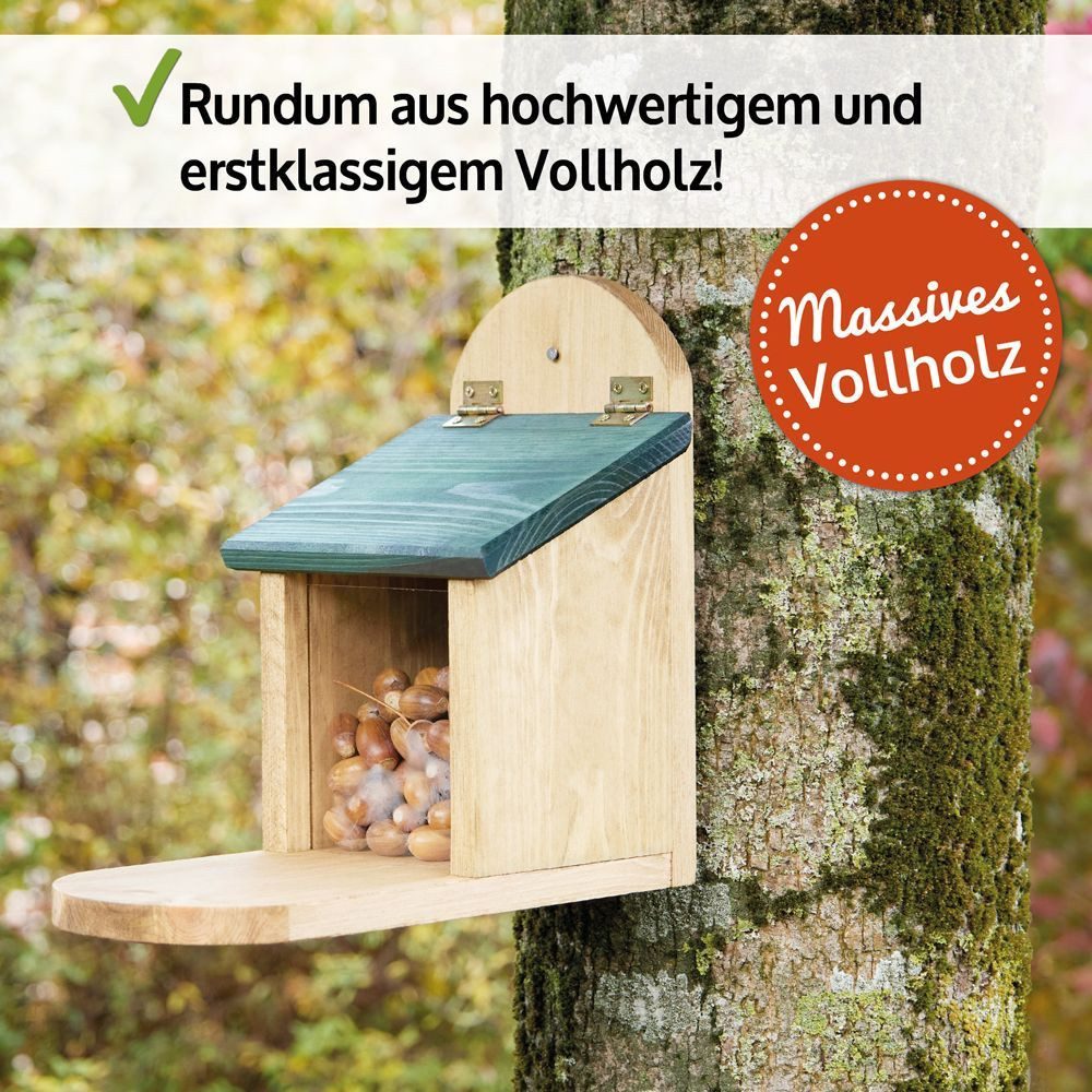 Zooprinz Eichhörnchenkobel Eichhörnchen Futterhaus Futterstation mit Plexiglas Premium Vollholz, Klappdach, große Sitzplattform